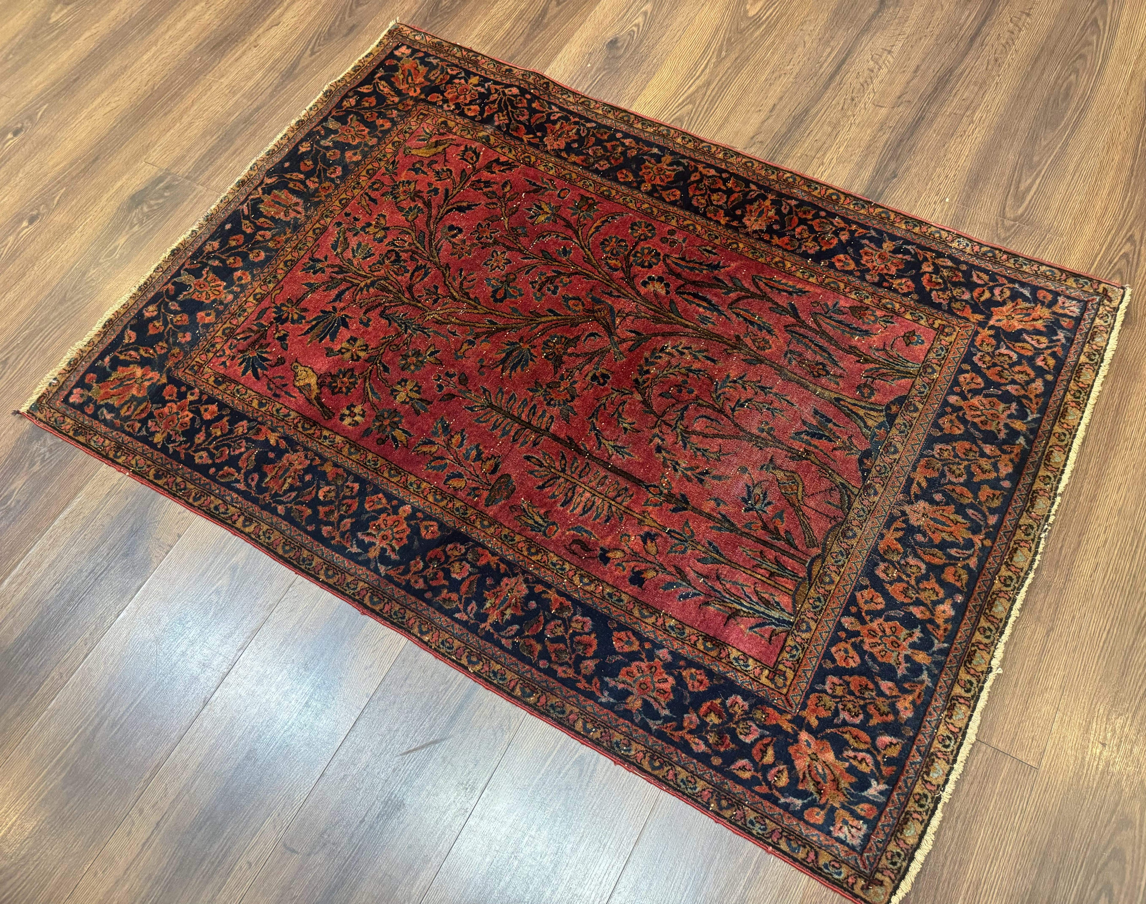 Antique Persian Tree of Life Rug 3x5, Manchester Wool, Bird Pictorials, Fine 240 KPSI, Red Navy Blue