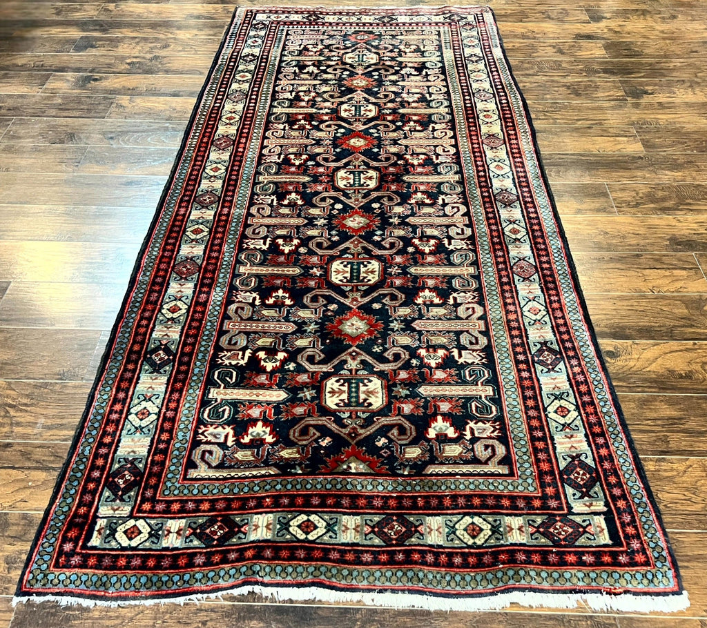 Persian Wide Runner Rug 4.8 x 10, Persian Kalegi Ardabil Rug, Perpedil Caucasian Rug, Antique Handmade Wool Carpet, Navy Blue Red, Tribal Rug