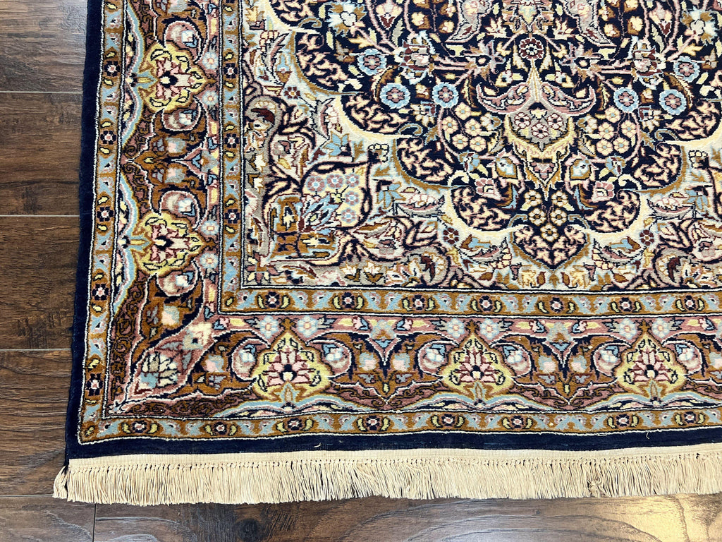 Pak Persian Rug 5x7, Navy Blue Hand Knotted Wool Oriental Carpet 5 x 7 ft, Floral Medallion, Traditional Vintage Pakistani Rug, 225 KPSI