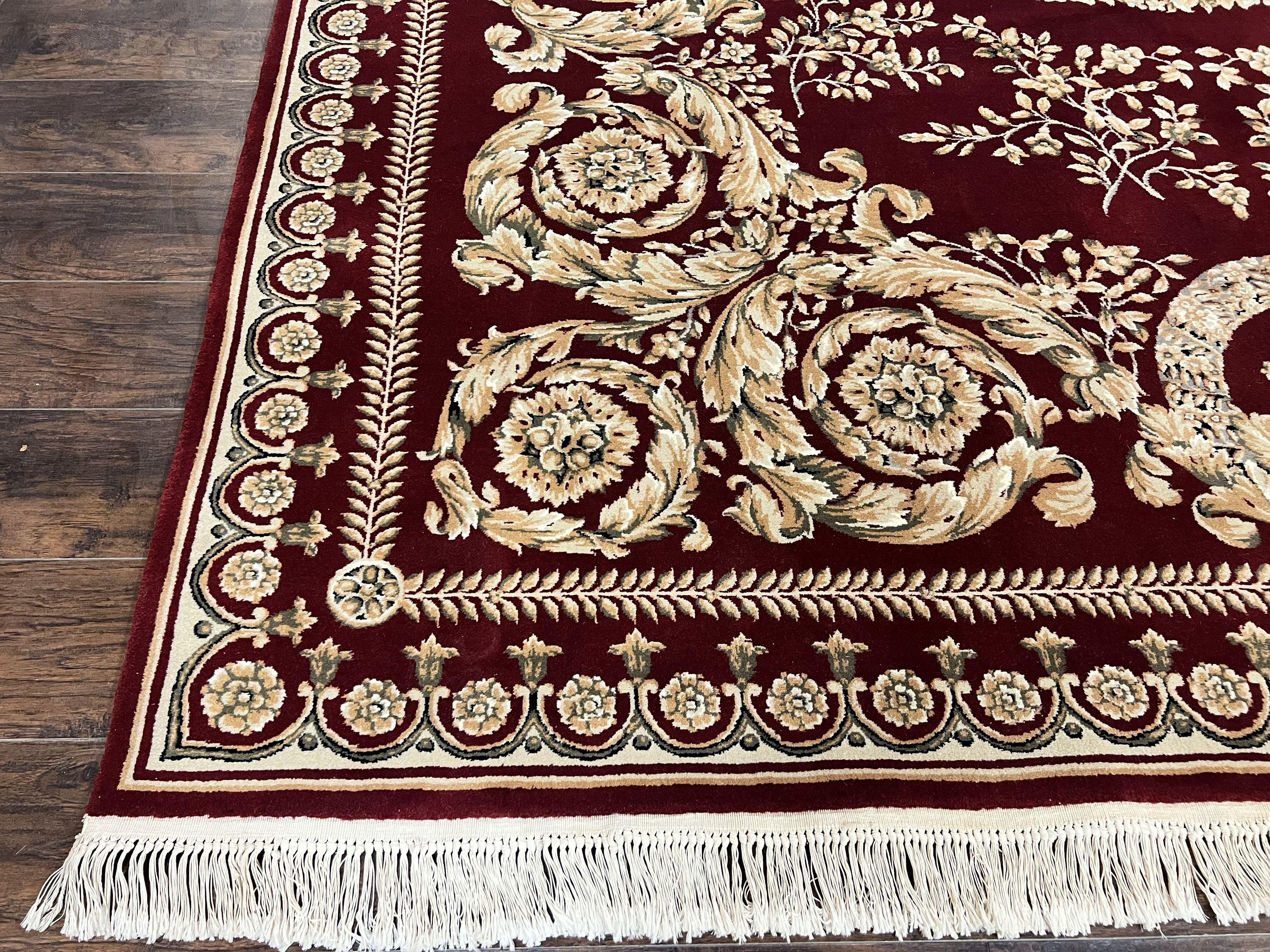 Aubusson Rug 9x12, Wool Handmade Carpet, Elegant French European Design, Dark Maroon Red, 9 x 12 Room Sized Rug, Finely Hand Knotted
