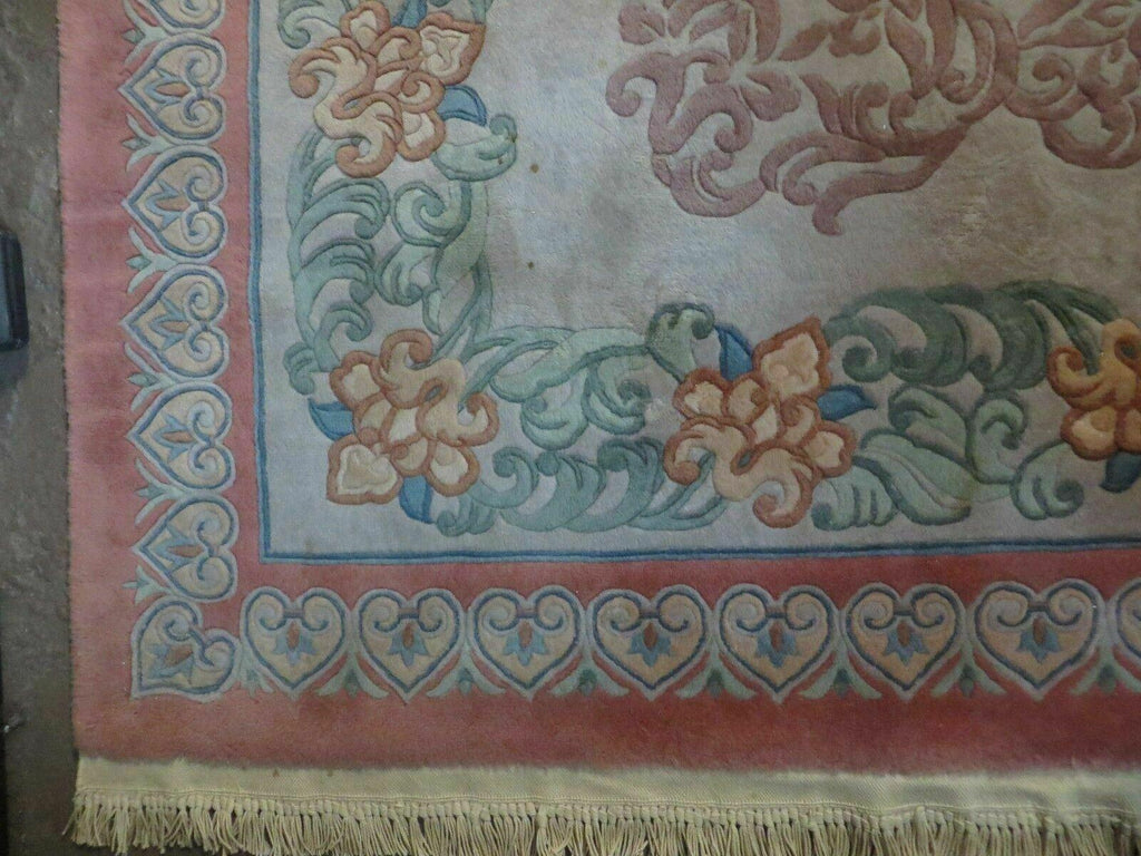 9' X 12' Vintage Handmade Chinese Carving Sculpture Wool Rug Flower Design Pink Carpet