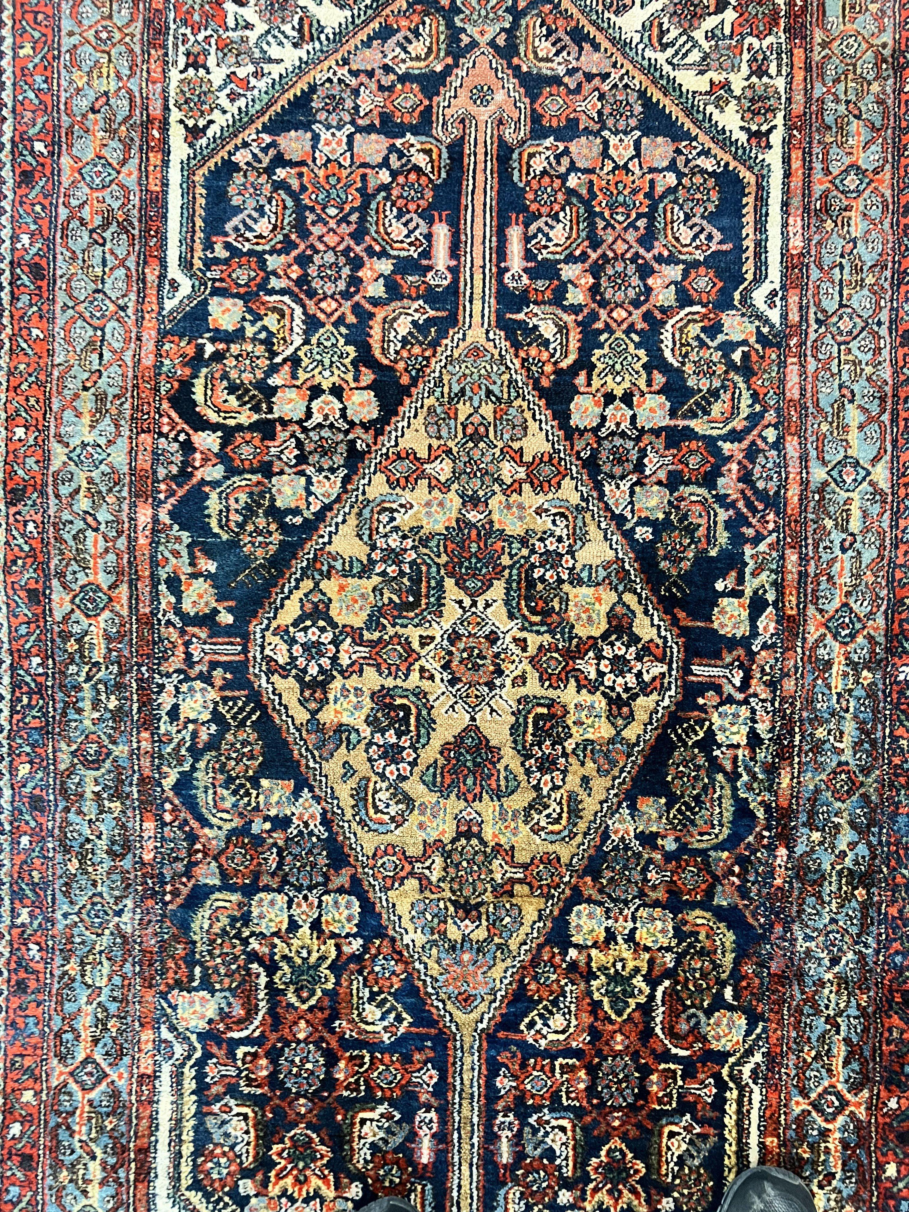 Antique Persian Runner Rug 3.7 x 15.8, Navy Blue Multicolor, Hand Knotted Handmade Wool Rug for Hallway, Geometric Medallions, Persian Hamadan Rug