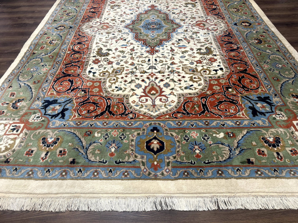 Indo Persian Rug 9x12, Ivory Red Green, Traditional Oriental Carpet