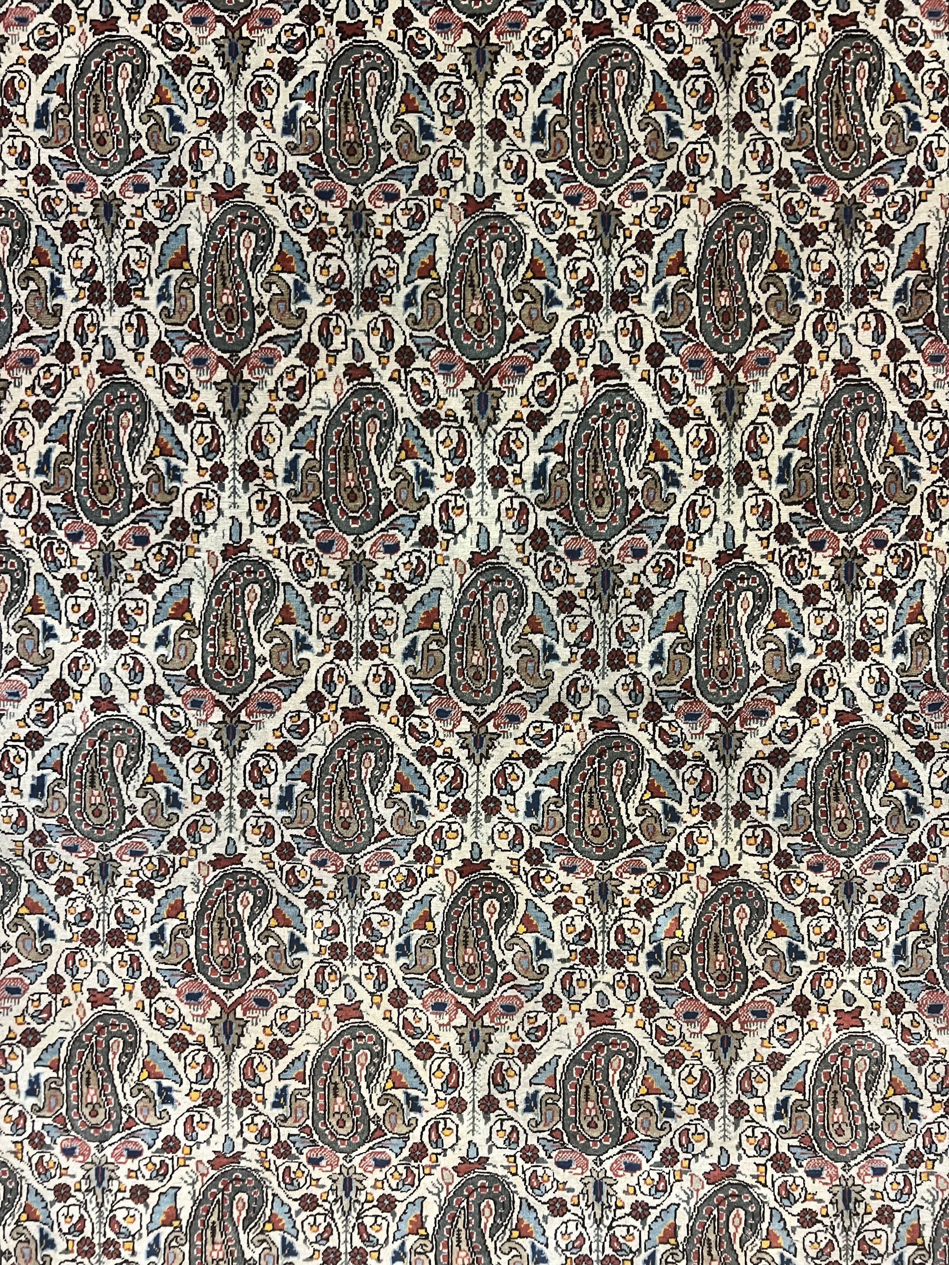 Persian Qum Rug 5x6, Cream Wool Hand Knotted Carpet, Repeated Boteh Paisely Design, Semi Antique Vintage Rug, Very Fine Weave 5 x 6 Rug