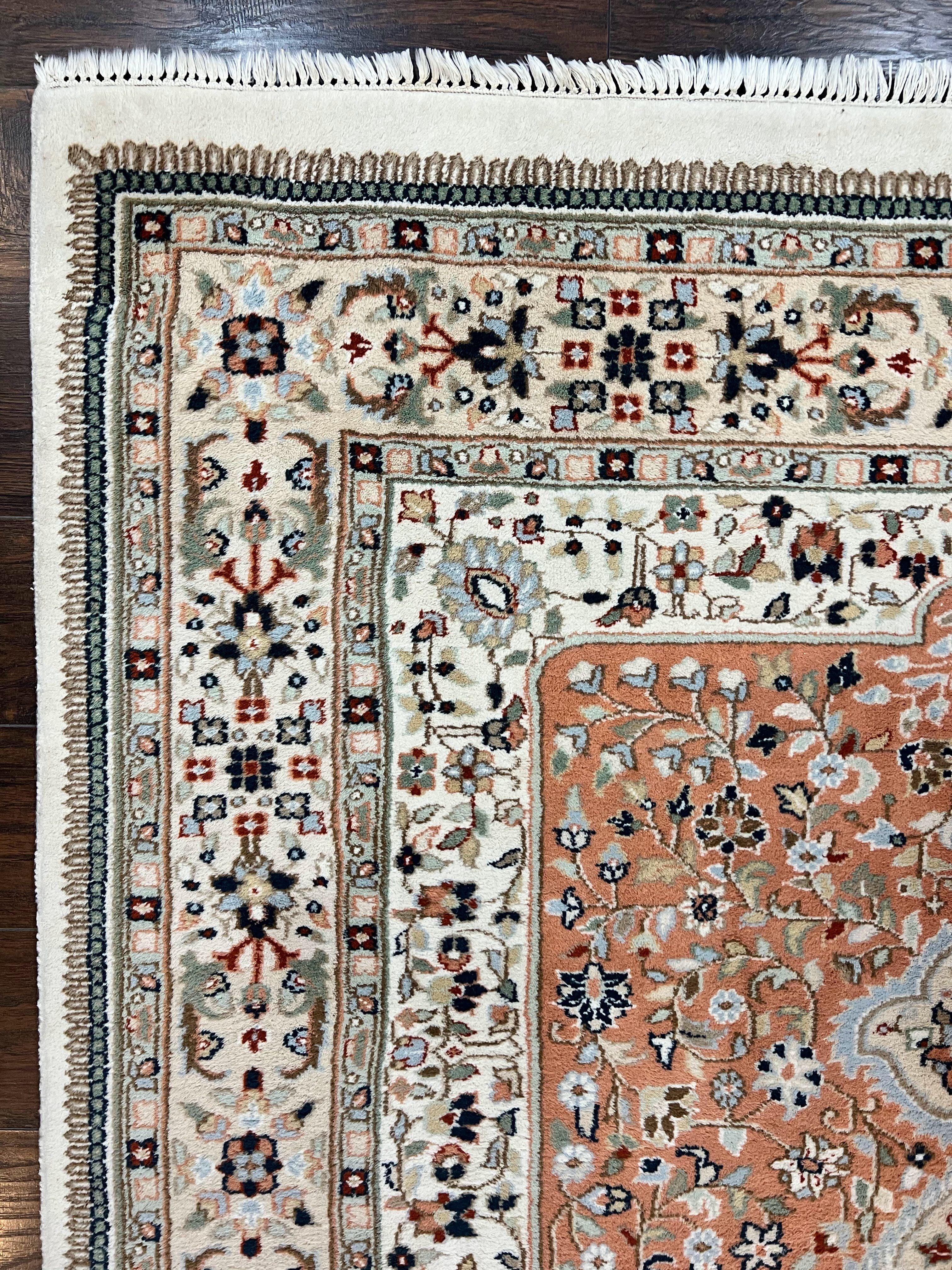 Indo Persian Rug 6x9, Wool Hand Knotted Vintage Carpet, Salmon & Ivory, Traditional Oriental Rug 6 x 9