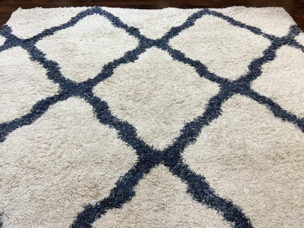 Modern Shag Rug 9x12, Ivory and Dark Blue, Diamond Pattern, Soft, Room Sized, Contemporary Rug, Plush