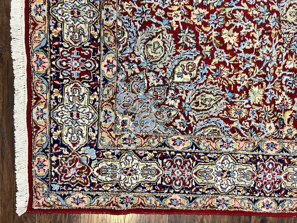 Persian Kirman Rug 7x10, Hand Knotted Wool Floral Medallion Carpet, Dark Red