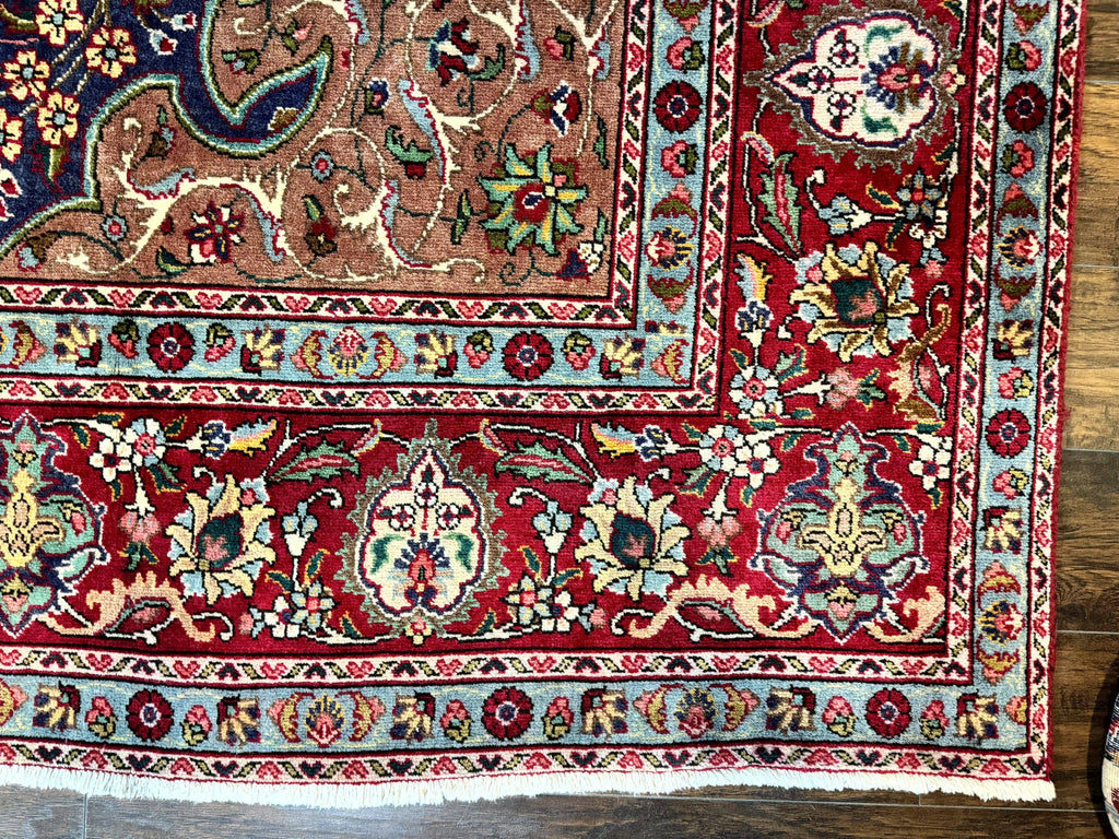 Wonderful Persian Tabriz Rug 10x14, Antique Persian Carpet, Handmade Wool Rug, Floral Medallion, Red Navy Blue, Colorful, Large Persian Area Rug