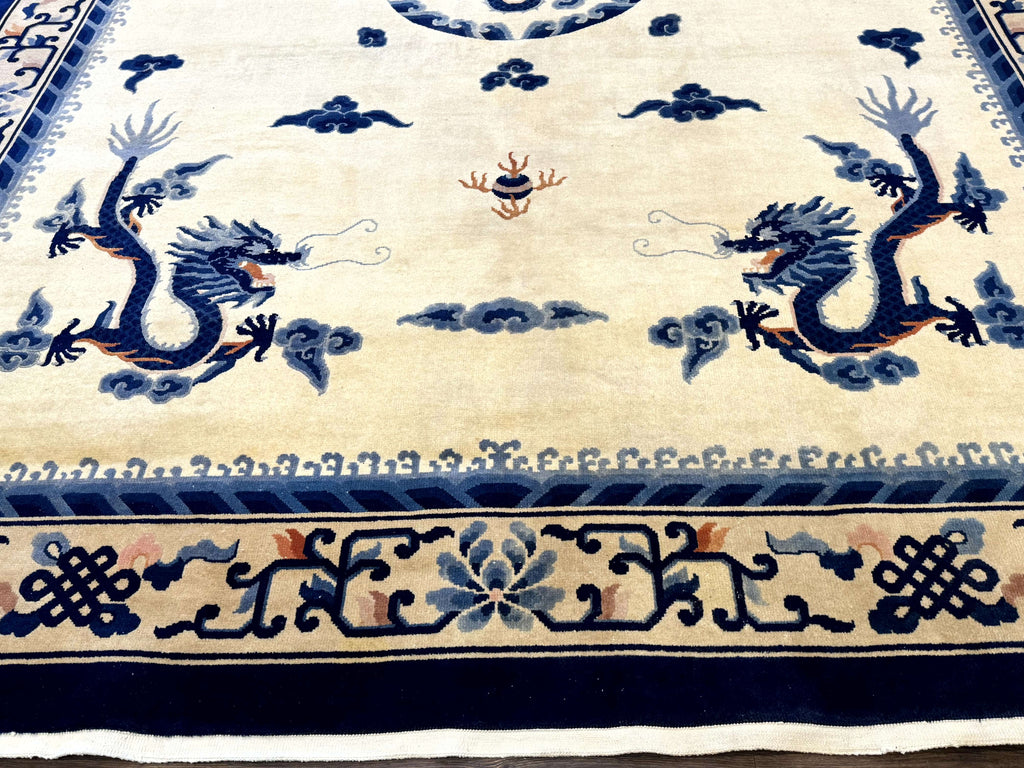 Chinese Dragon Peking Rug 8 x 11.6, Ivory and Blue, Chinese Wool Rug, Vintage