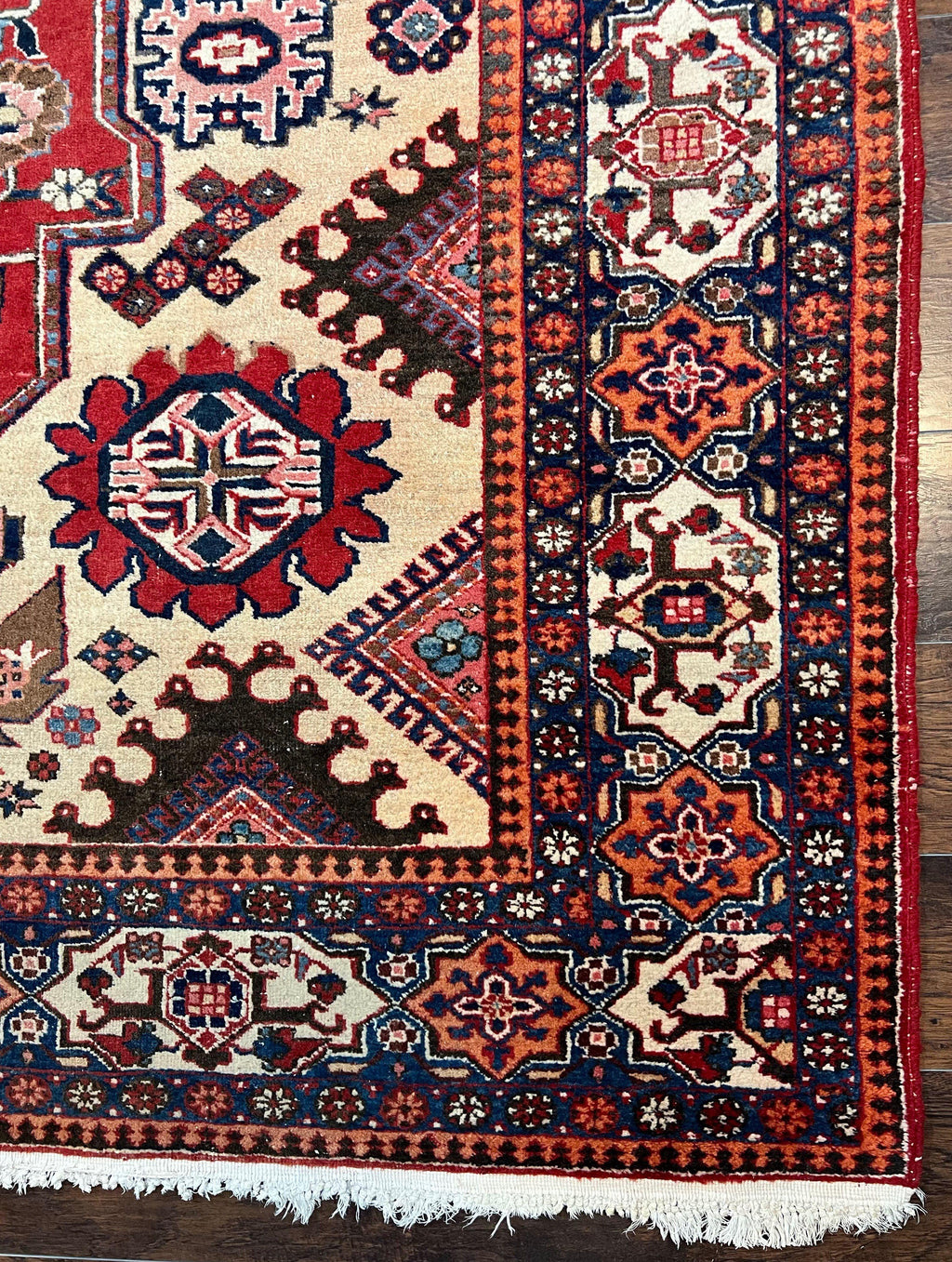 Antique Persian Heriz Rug 8x12 ft, Geometric Tribal Room Sized Carpet, Camel Hair Red Navy Blue, Wool Hand Knotted Medallion Oriental Carpet