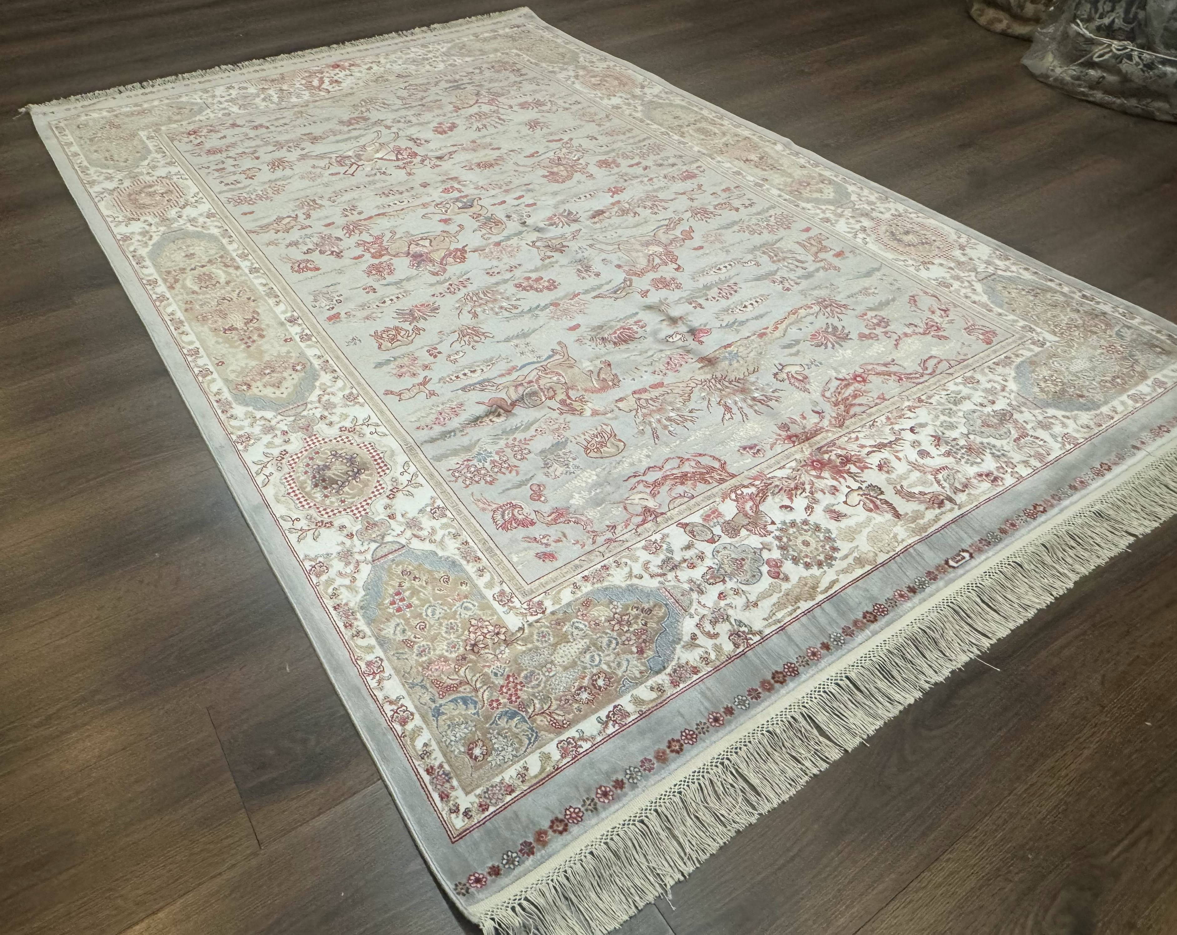 Turkish Silk Rug 5x7, Hunting Design, Animal Pictorials, Bamboo Silk