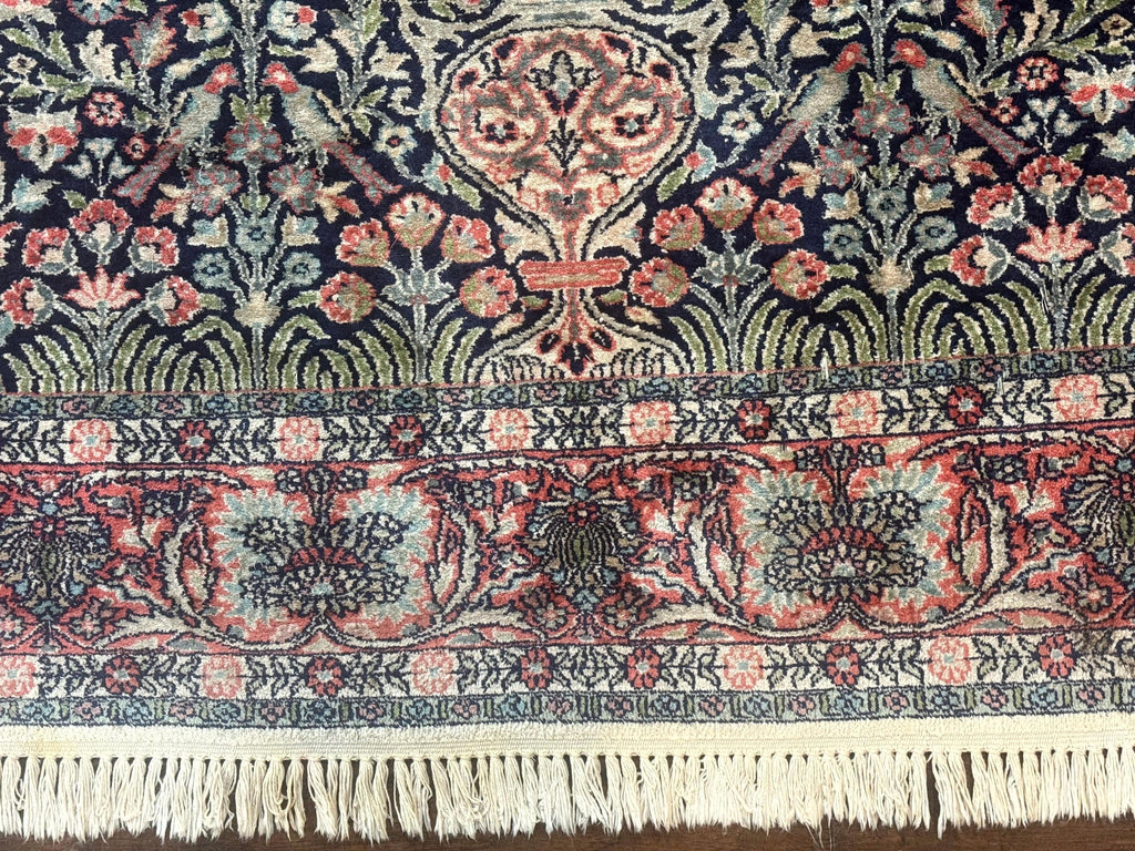 Silk Indian Kashmiri Rug 4x6, Tree of Life Pattern, Birds, Fine 290 KPSI, Navy Blue and Red, Handmade Oriental Carpet