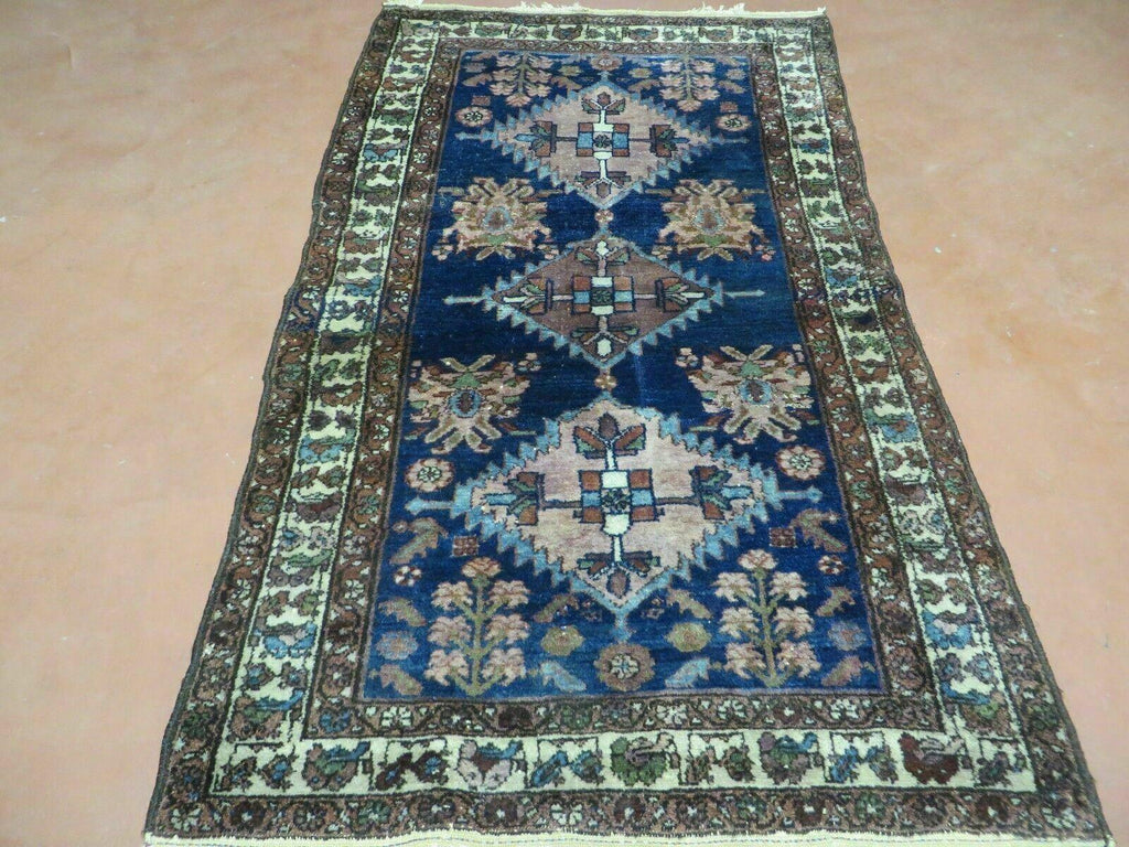 Blue Vintage Persian Hamadan Rug, Wool, Hand-Knotted, 4x6 ft