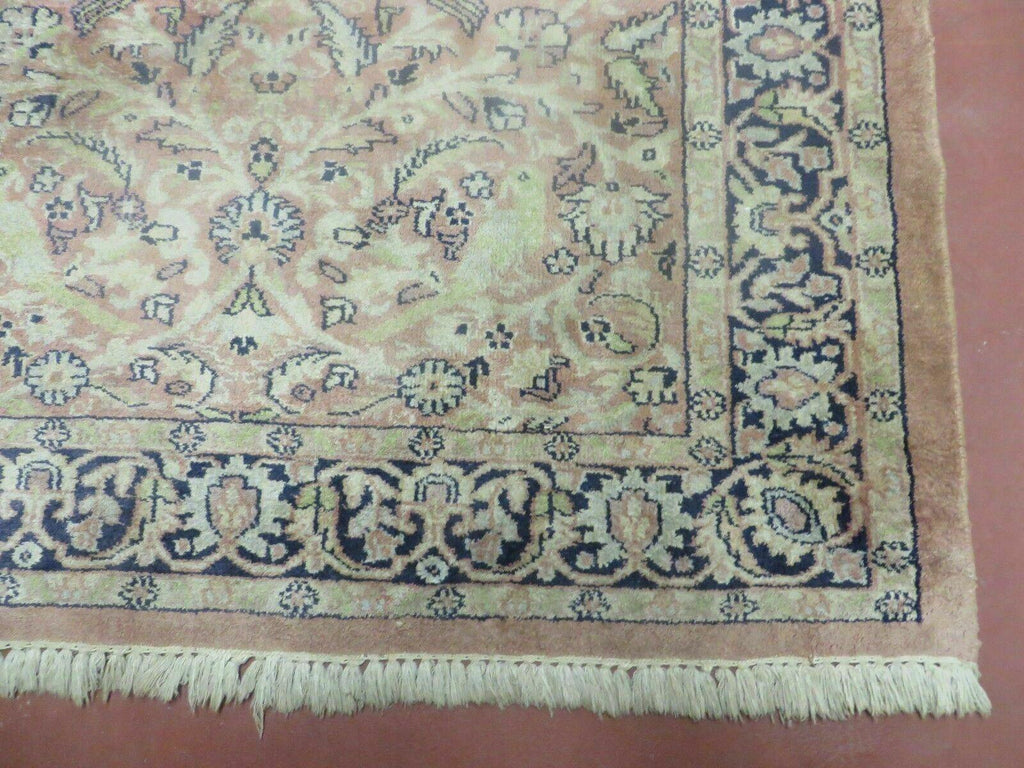Indian Silk Rug 4x6, Indian Kashmiri Silk Carpet 4 x 6 ft, Vintage Hand Knotted Floral Bird Motifs, Light Pink and Navy Blue, Silk on Cotton