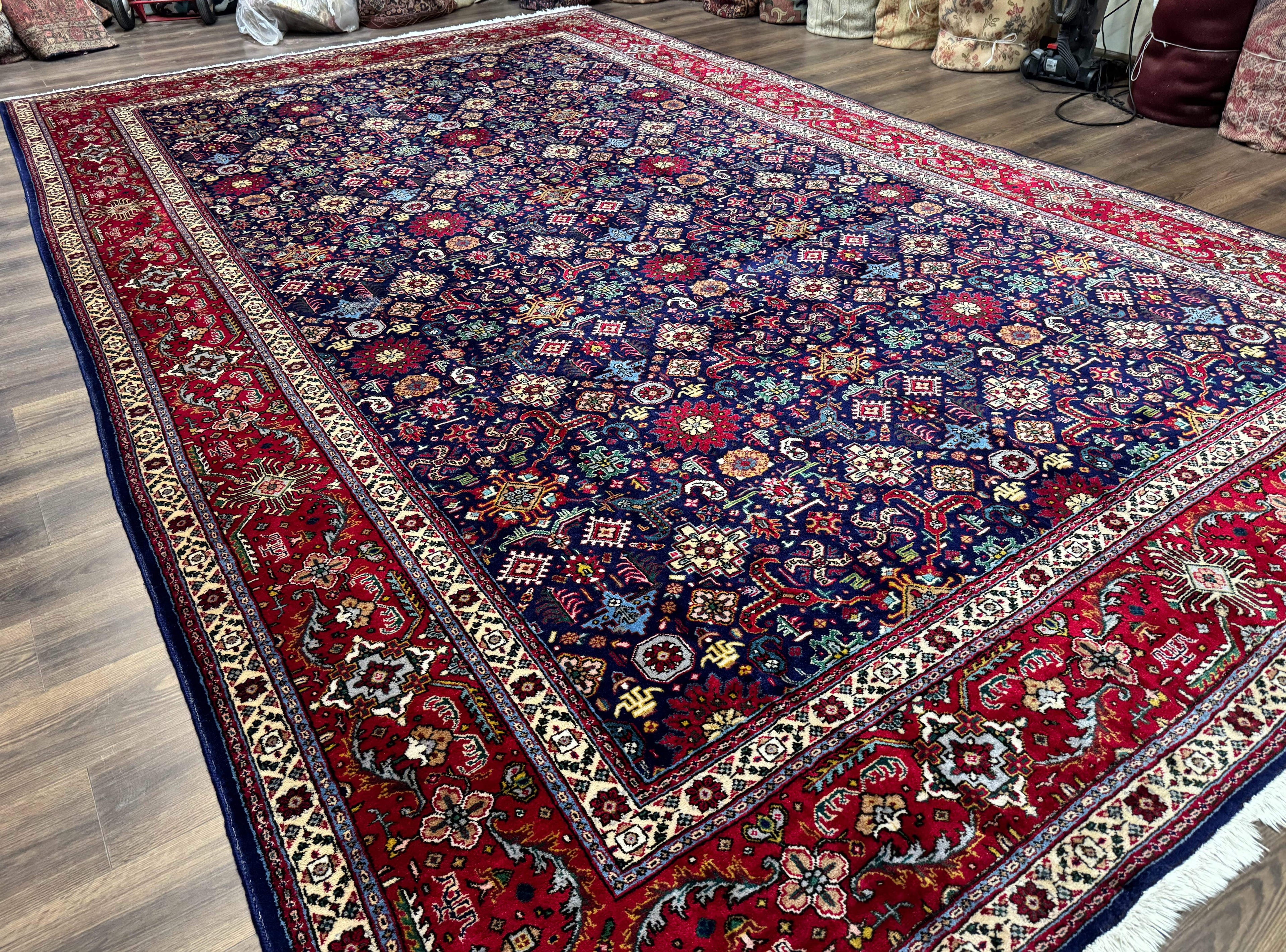 Large Persian Tabriz Rug 10x16, Navy Blue and Red, Allover Pattern, Vintage Hand Knotted Wool Carpet
