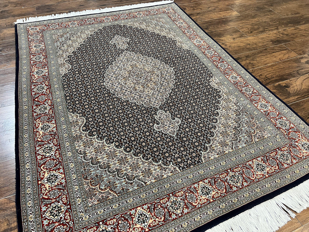 Persian Tabriz Rug 5x7, Wool with Silk Highlights, Hand Knotted Vintage Oriental Carpet, Very Fine, Herati Mahi Pattern, Black, Rare