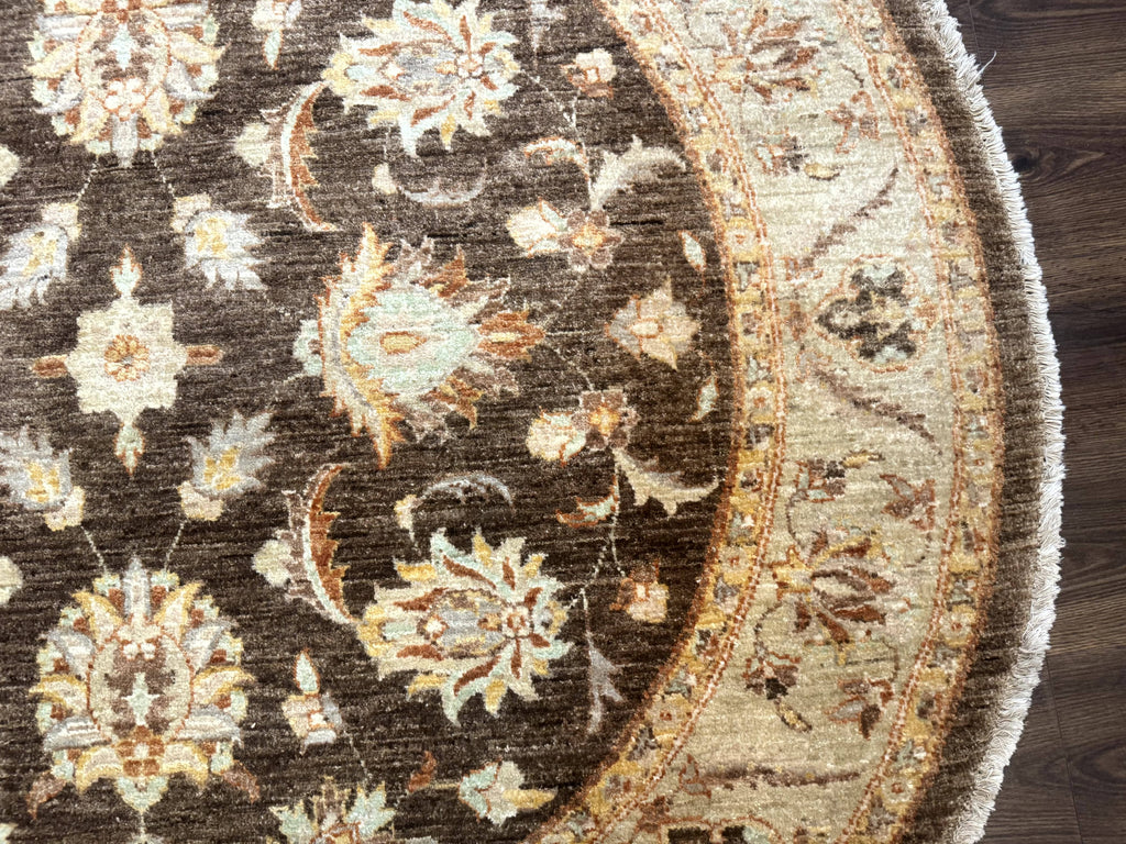 Round Pakistani Rug 6x6, Brown and Beige, Floral, Peshawar Rug, Traditional