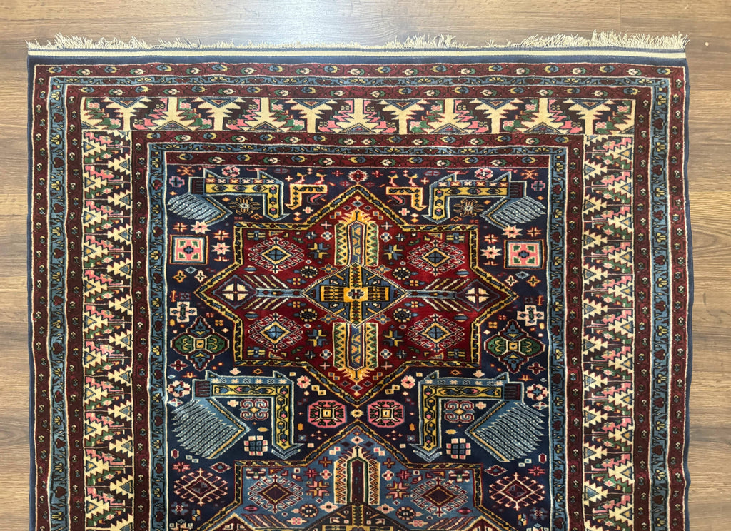 Indian Rug with Caucasian Design, 4x6 Geometric Carpet, Navy Blue and Cream