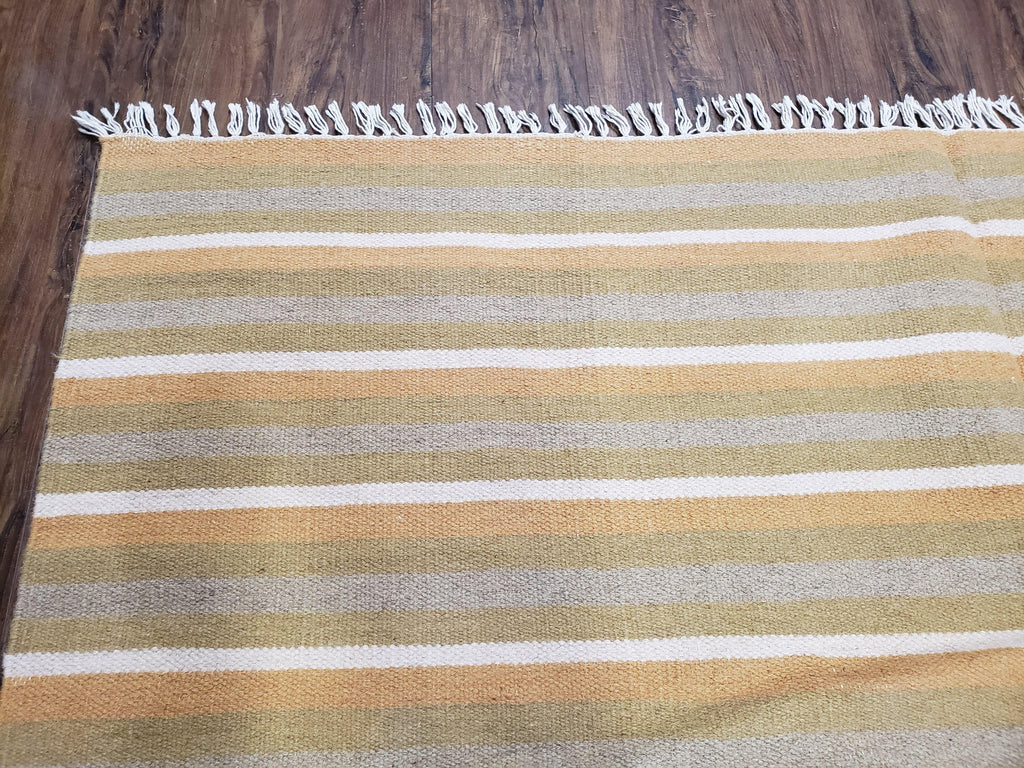 New Indian Kilim Area Rug, 6x8 - 7x8 South American Style Blanket, Striped Indian Wool Hand-Woven Flat Weave 6x9 Bedroom Rug, Ivory Ochre