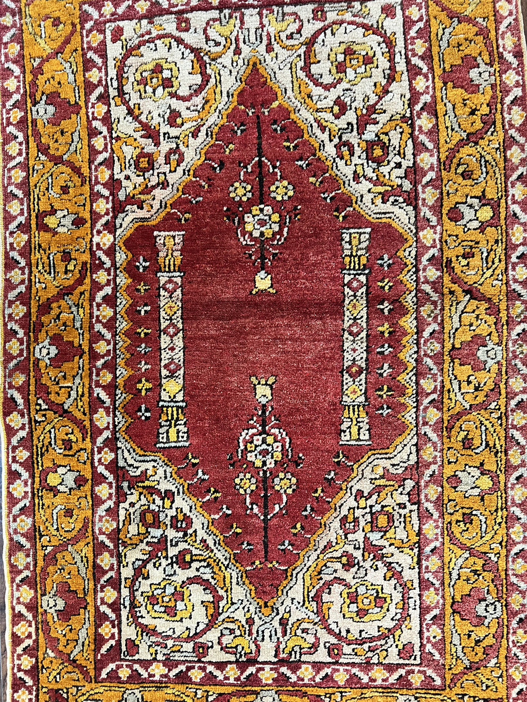 Antique Turkish Prayer Rug 3x5, Hand Knotted Turkish Melas Oushak Wool Carpet, Mehrab Rug, Orange & Red Vintage Rug 3 x 5 Collectible