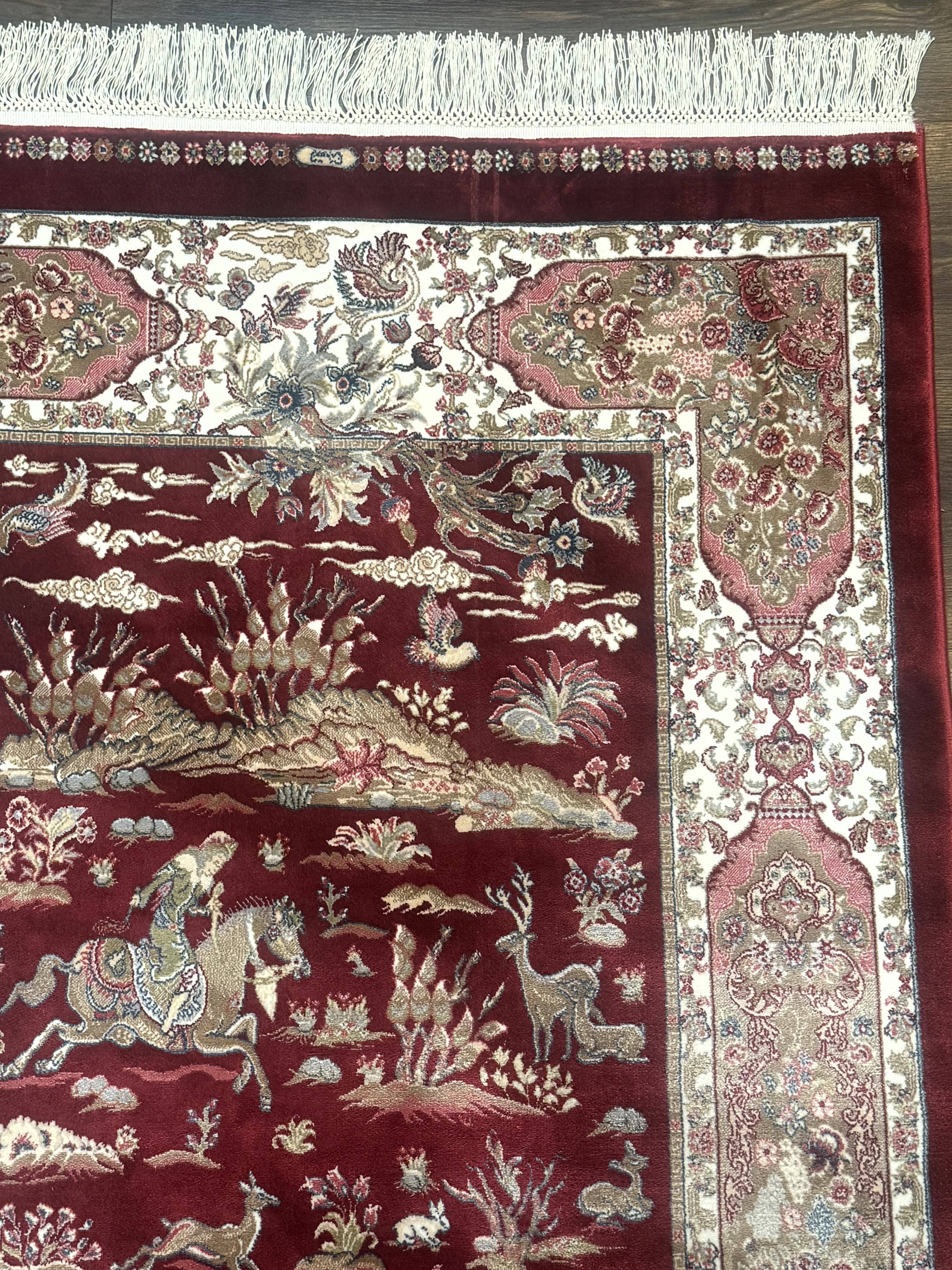 Turkish Silk Rug 3x5, Hunting Design, Dark Red & Ivory, Bamboo Silk, New
