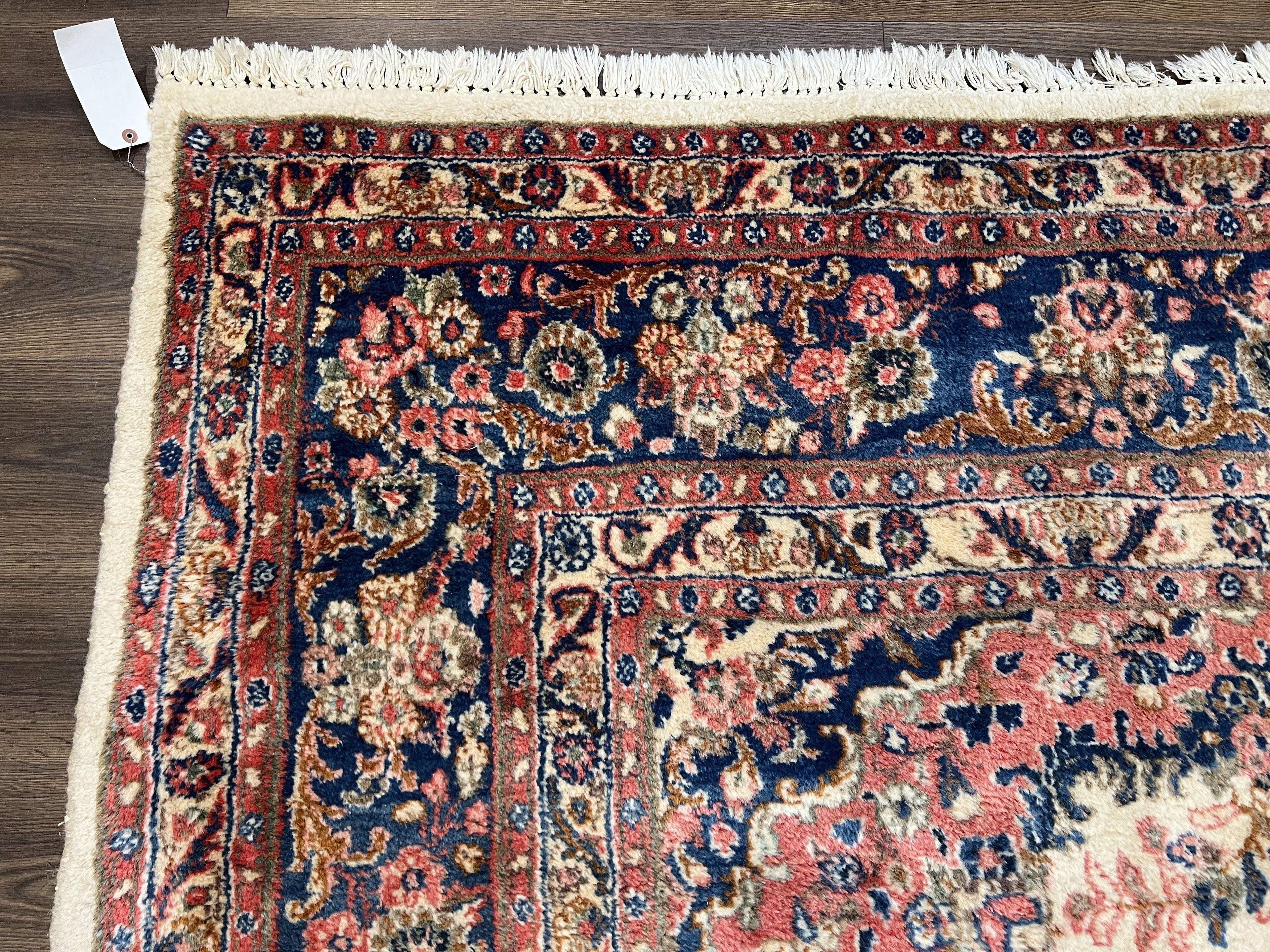 Persian Rug 9x10, Hamadan Rug, Antique Oriental Carpet, Wool Rug, Semi Open Field, Cream and Navy Blue, Kirman Design Hand Knotted Almost Square Rug
