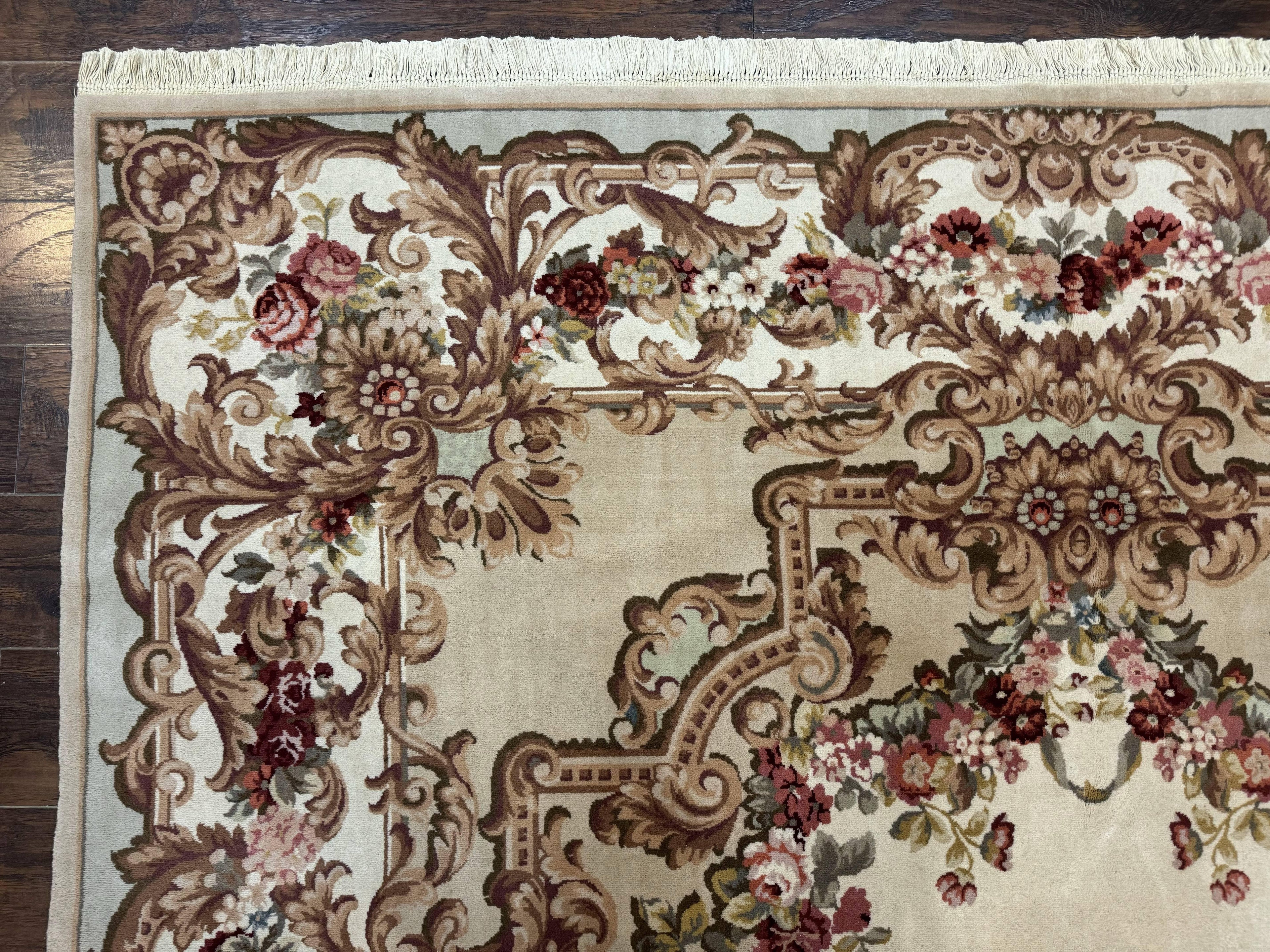 Aubusson Rug 8x12, European French Savonnerie Design, Thick Wool Pile, Elegant Rug, Cream Beige Light Green