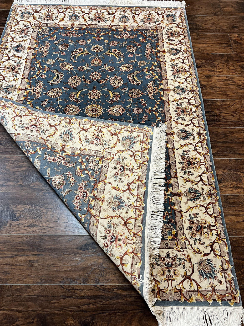 Sino Persian Rug 4x6, Very Fine Oriental Carpet, Handmade Rug 4 x 6, Floral Allover Vintage Traditional Wool & Silk Highlights, 200 KPSI