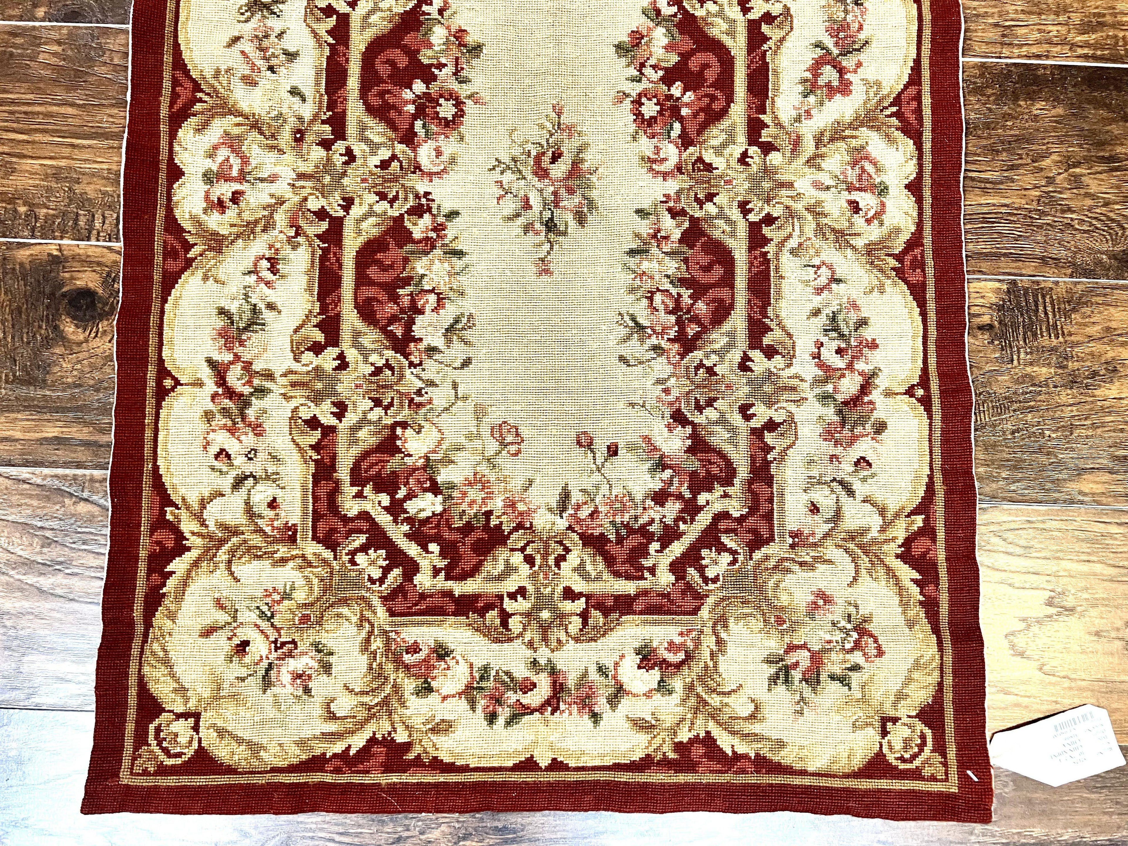 Needlepoint Runner Rug 2.5 x 10.7, Tan Runner Rug, Flatweave Runner, Aubusson European Design, Needlepoint Rug, Long Runner, Hallway Rug