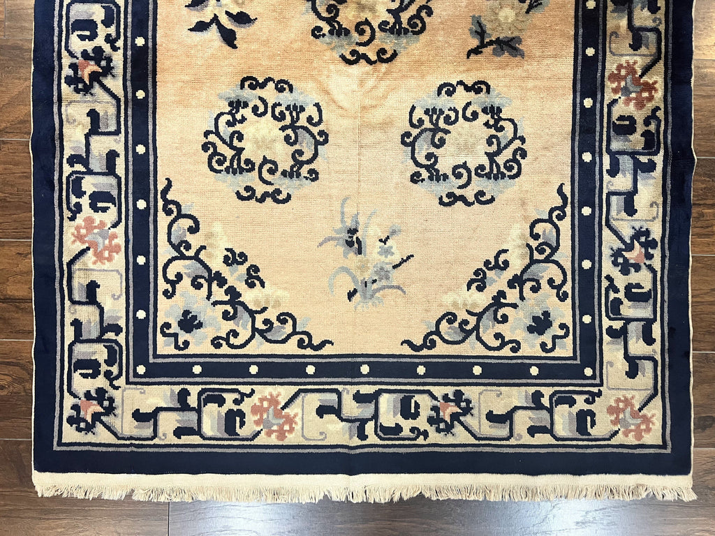 Chinese Peking Rug 4x6, Wool Hand Knotted Handmade Vintage Semi Antique Carpet, Semi Open Field, Light Peach & Navy Blue, Art Deco Rug