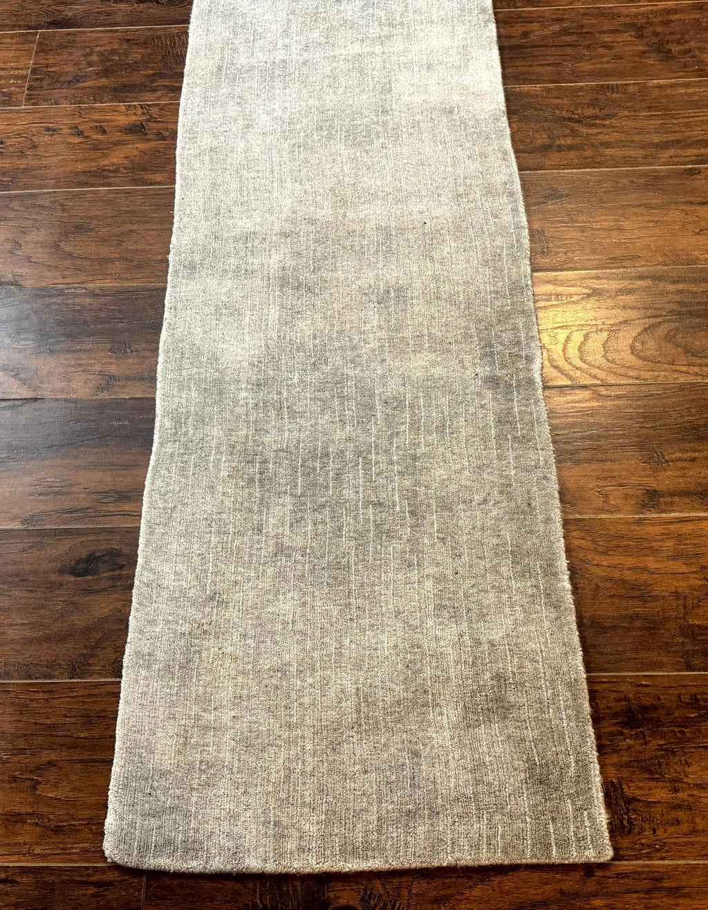 Modern Tibetan Runner Rug 1.9 x 8.6, Wool and Silk Highlights, Gray/Silver, Narrow Runner for Hallway or Kitchen