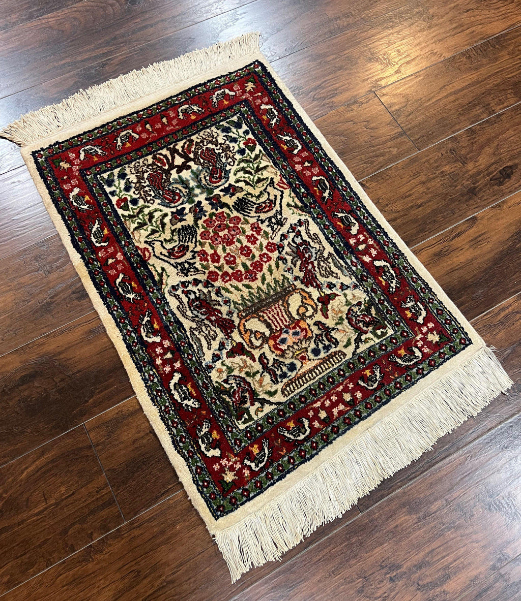Small Indo Persian Rug 2x3 ft, Wool with Silk Highlights, Animal Pictorials, Birds