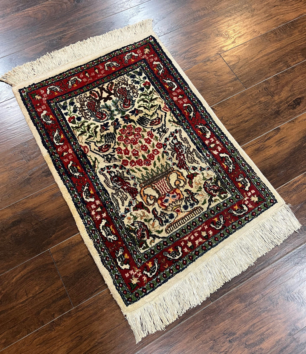Small Indo Persian Rug 2x3 ft, Wool with Silk Highlights, Animal Pictorials, Birds