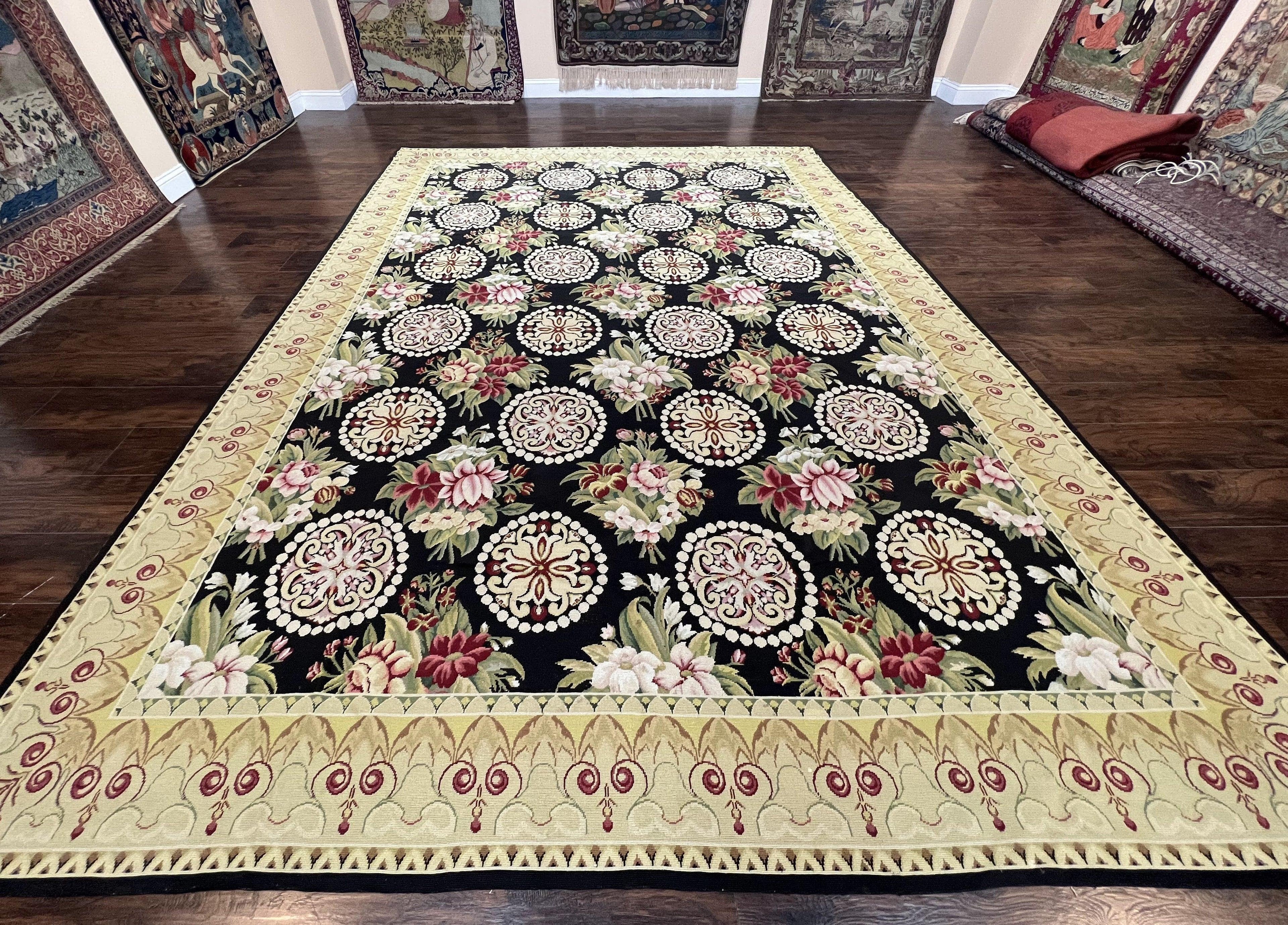 9x12 Black Needlepoint Rug, European Floral Panel Design, Handwoven, Vintage Chinese Needlepoint, Black Green Beige, Wool Rug 9 x 12