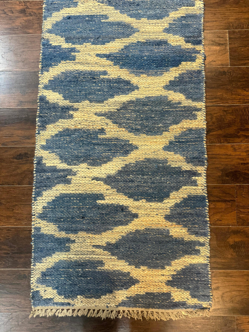 Modern Jute Runner Rug 2.9 x 7.9, Beige and Blue, Handwoven, Kaleen Rug