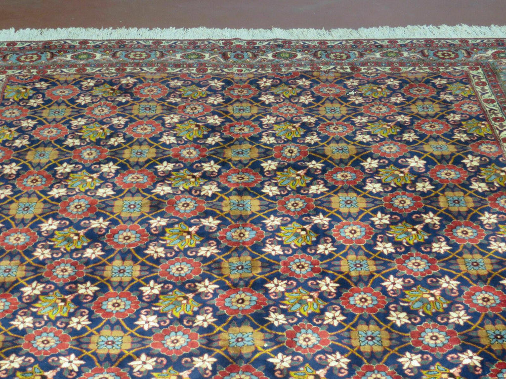 Navy Blue Antique Persian Rug 7x11, Veramin Mina Khani Repeated Allover Pattern, Vintage Authentic Hand Knotted Handmade Wool Room Sized Carpet