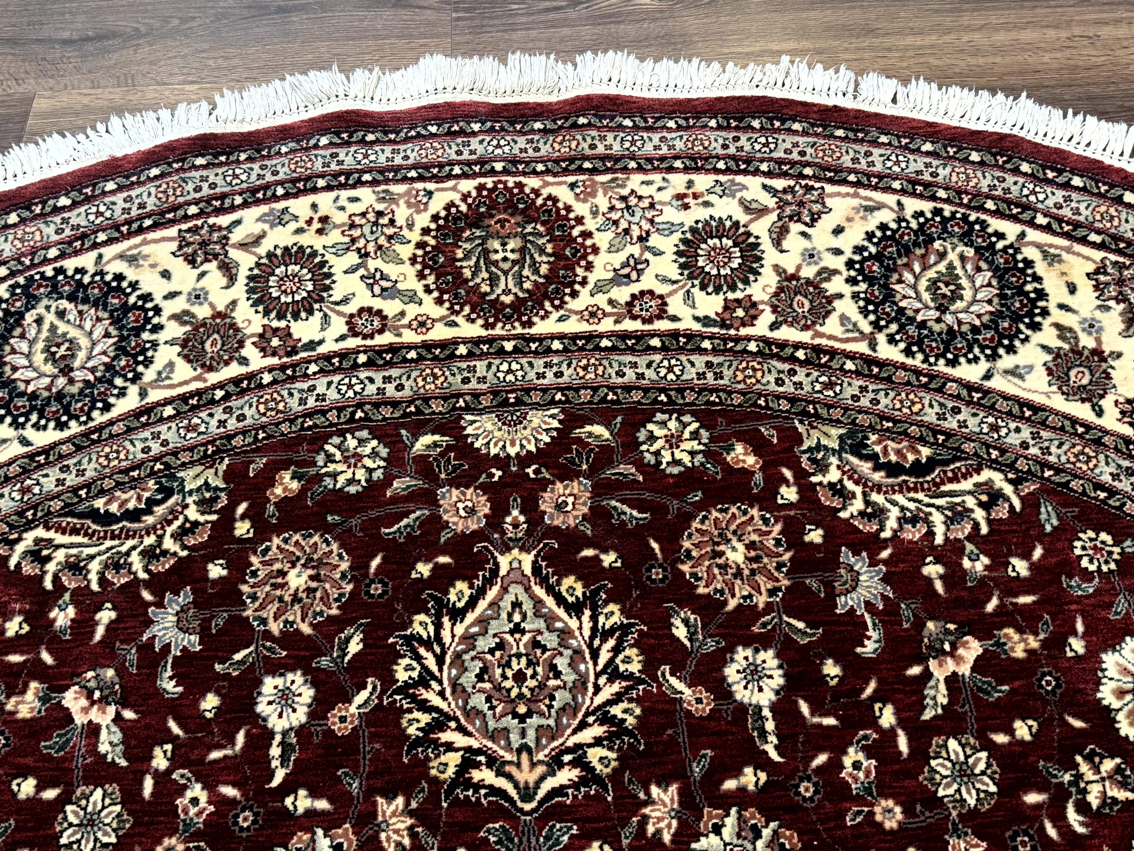 Round Sino Persian Rug 9x9, Burgundy and Cream, Floral, Wool and Silk, 9ft Round Carpet