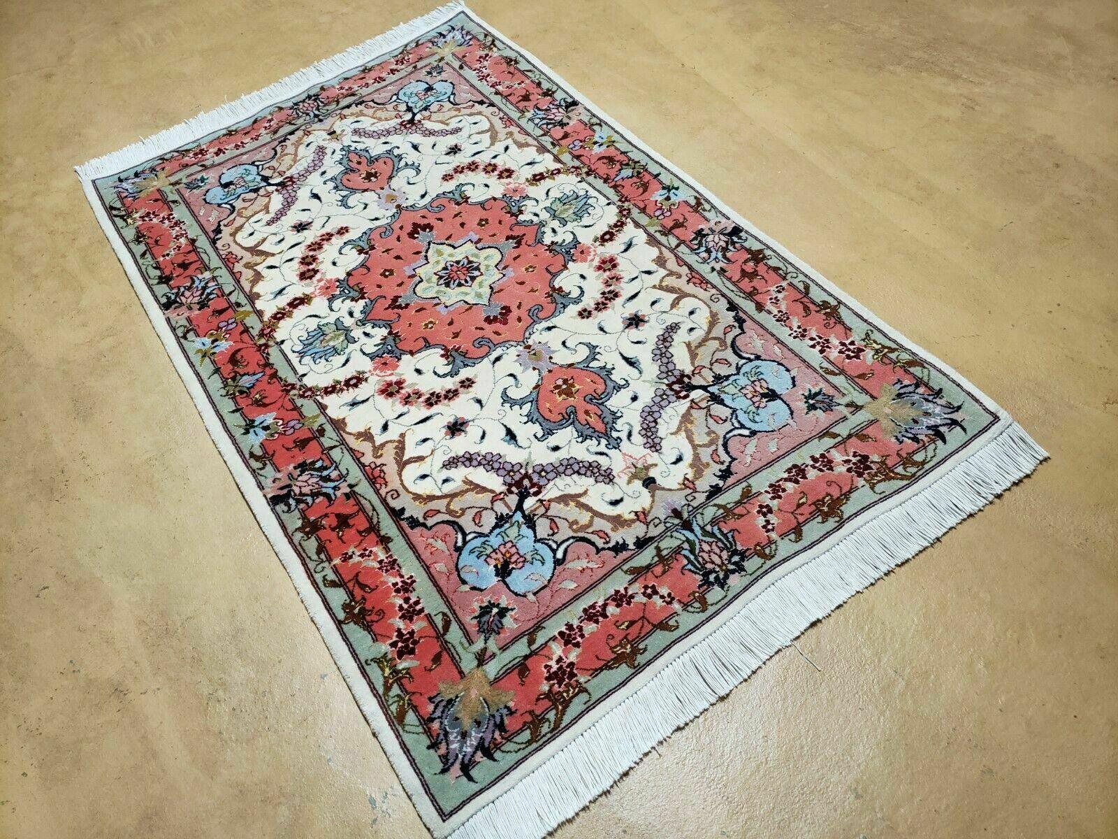 Small Vintage Persian Tabriz Wool and Silk Rug 2.5 x 4 ft, Very Finely Hand Knotted, Medallion, Ivory Salmon Light Blue, Top Quality, Pair A