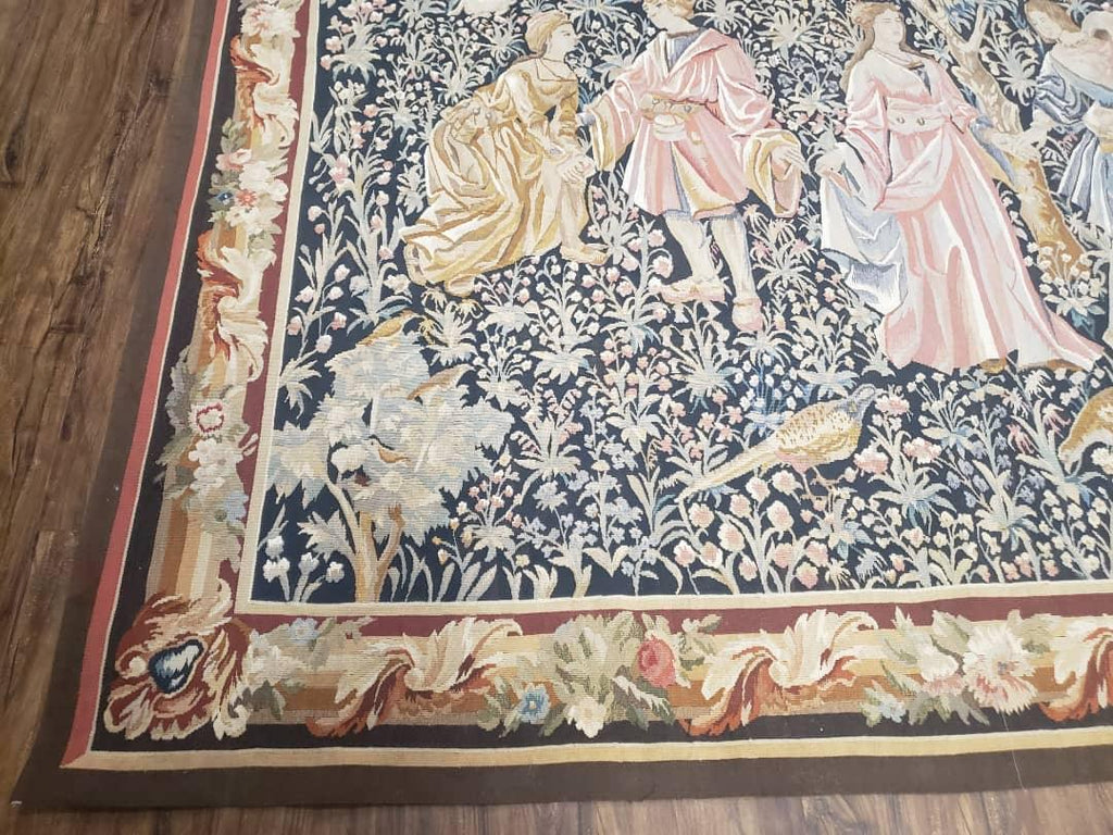 Vintage European Tapestry 5.4 x 7.11, Antique Style European Wall Hanging, Aubusson Weave Handmade Tapestry, Courtship Dating Scene, Animals