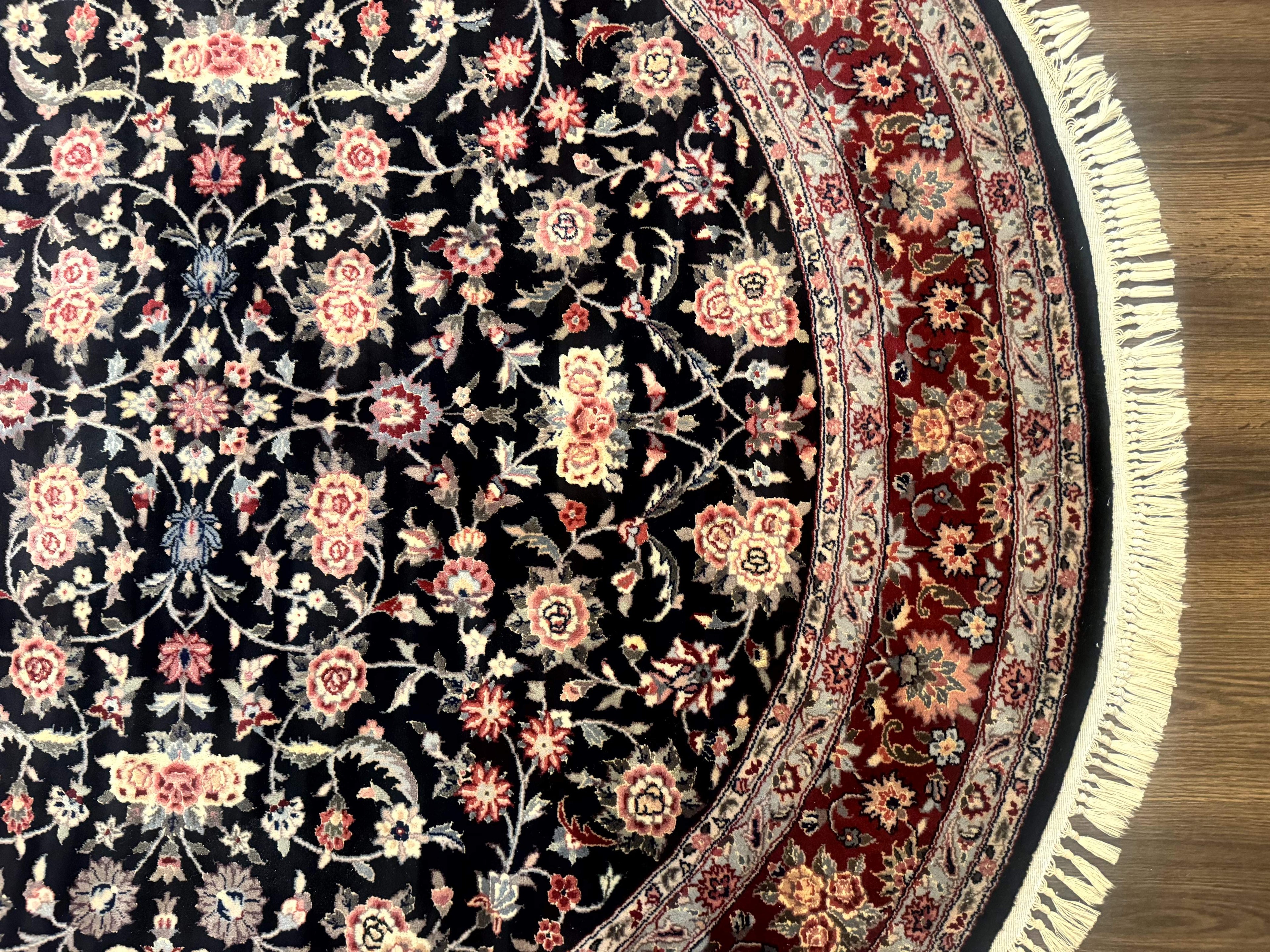 Round Sino Persian Rug 6x6, Floral, Navy Blue and Red, Wool and Silk Highlights