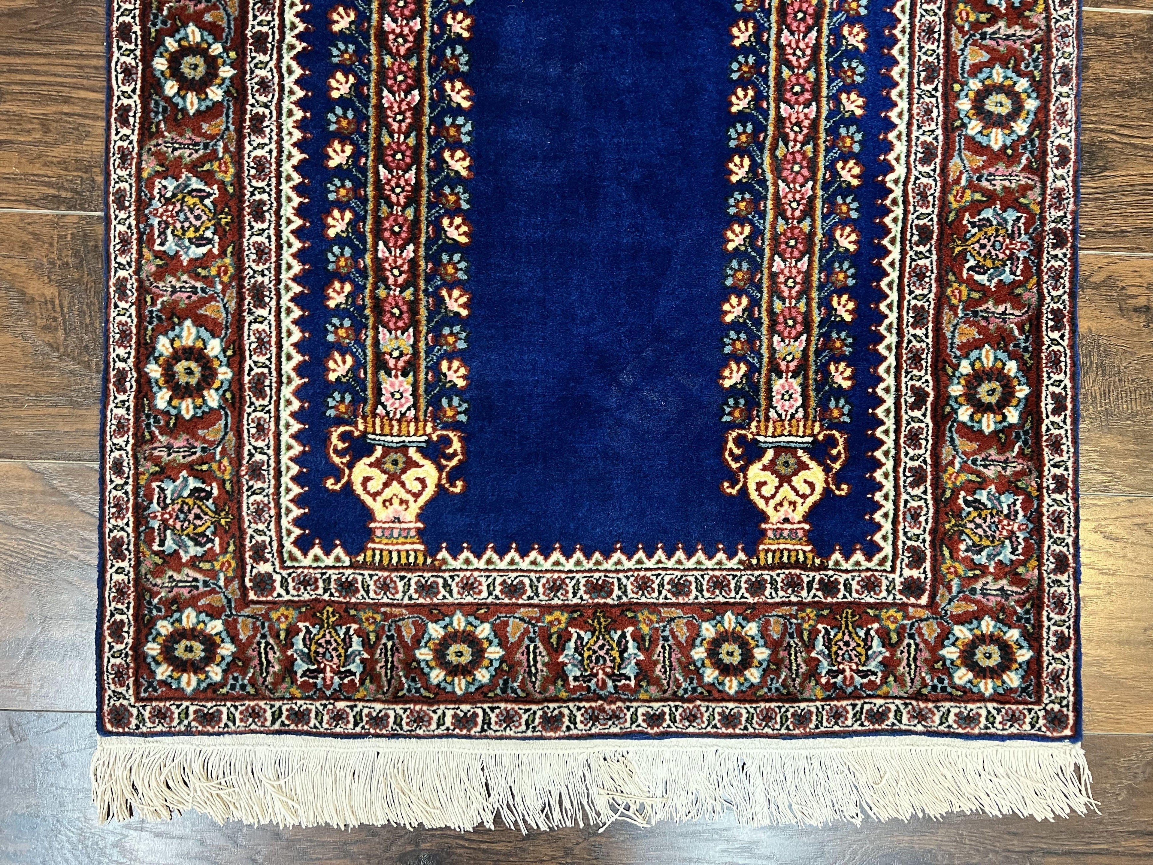 Indo Persian Prayer Rug 3x5, Fine Oriental Carpet, Dark Blue and Red, Vintage Hand Knotted Handmade Prayer Rug