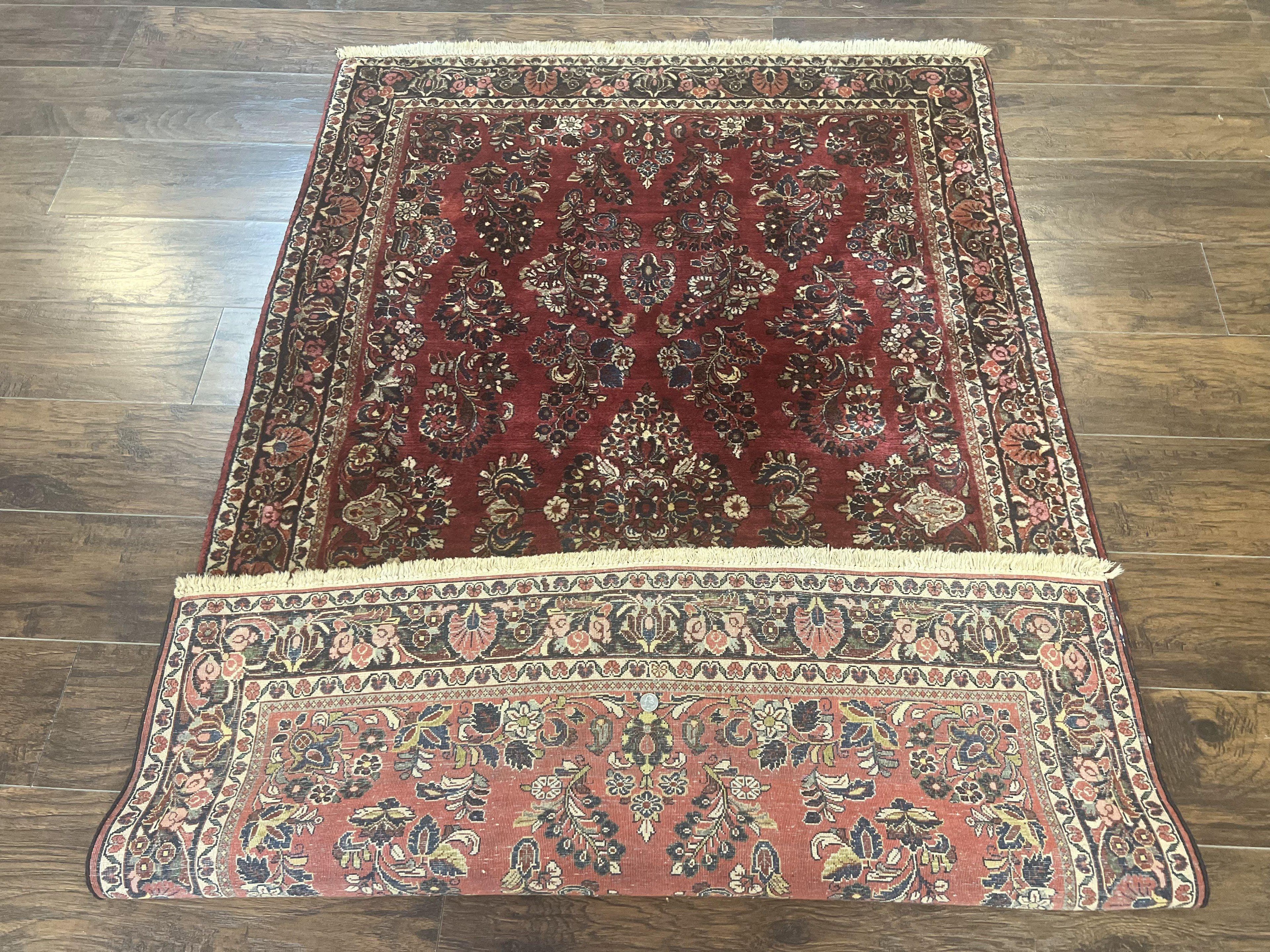 Antique Persian Sarouk Rug 4x7, Hand Knotted Wool Red Persian Carpet, Floral