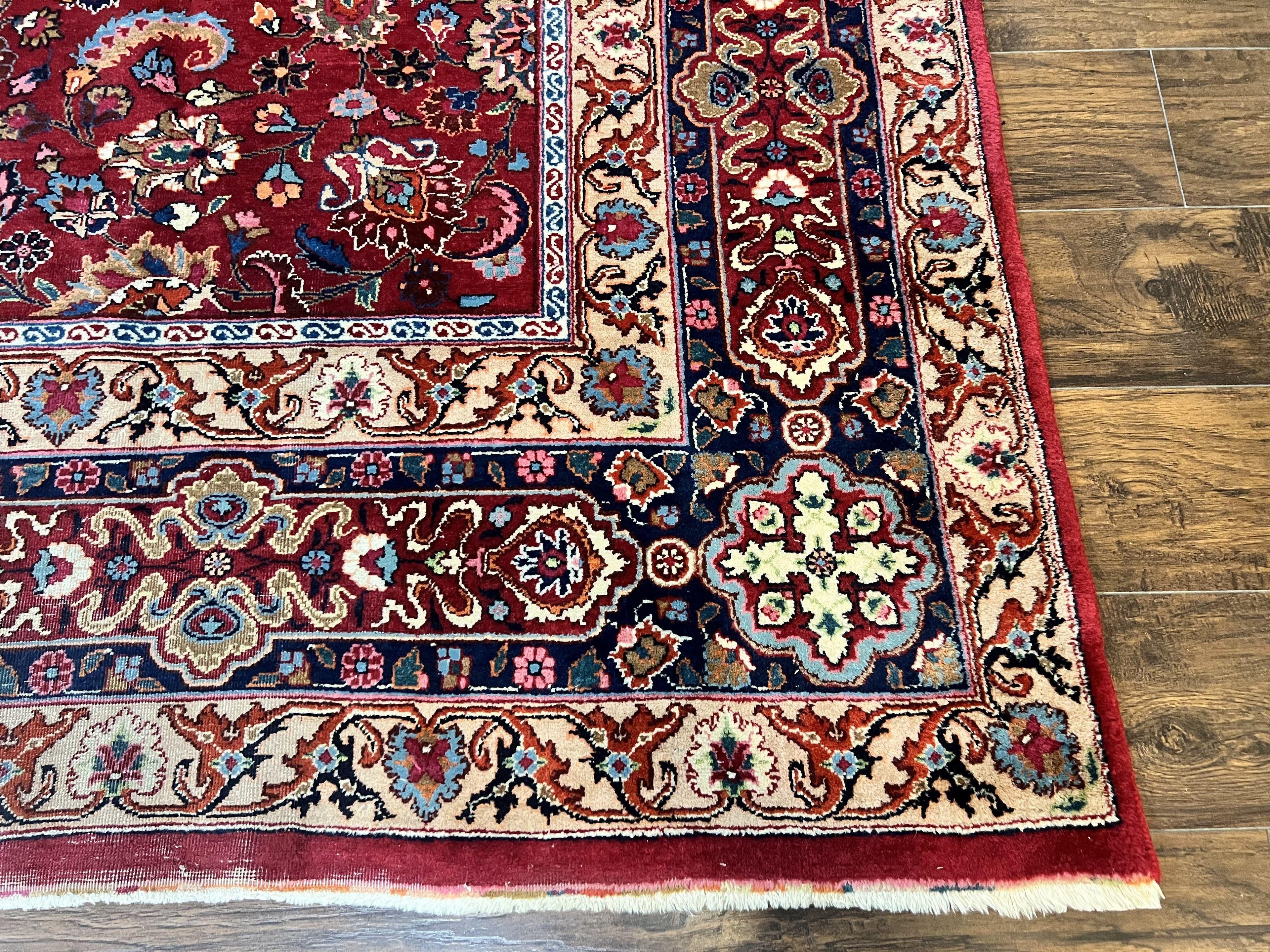 Signed Persian Mashad Rug 8x10, Wool Oriental Carpet, Semi Antique Rug, Hand Knotted, Traditional, Red, Floral Allover,