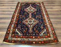 Antique Persian Hamadan Rug 4x6, Geometric, Double Medallions, Navy Blue, Tribal Carpet