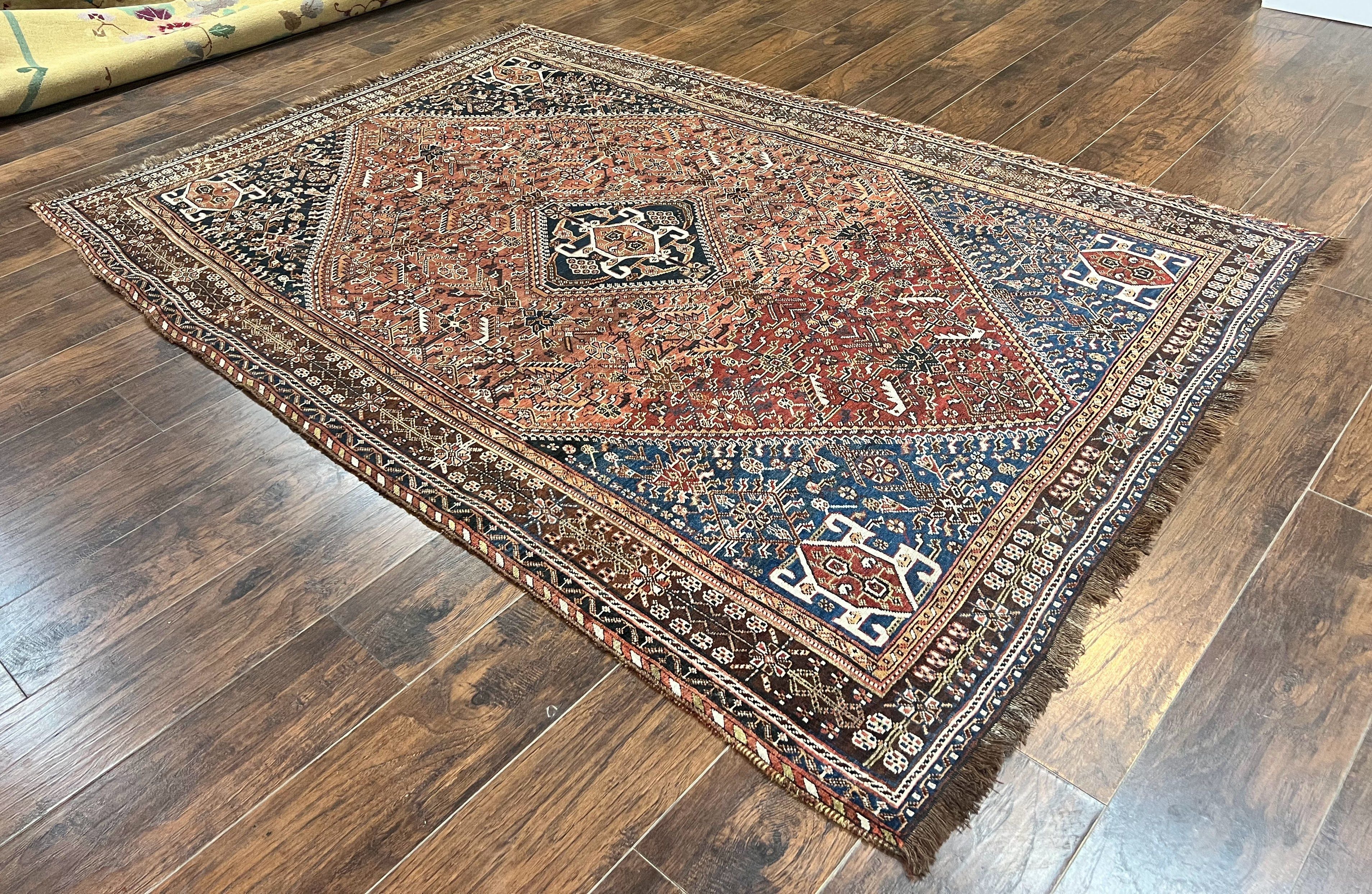 Antique Persian Shiraz Tribal Rug 6x8, Geometric Rug, Wool Handmade Hand Knotted Carpet, Red Blue