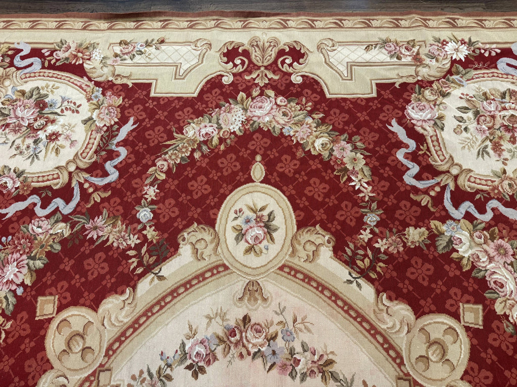 Aubusson Rug 8x11, Needlepoint Carpet, Red Ivory Beige, Vintage, French European Design