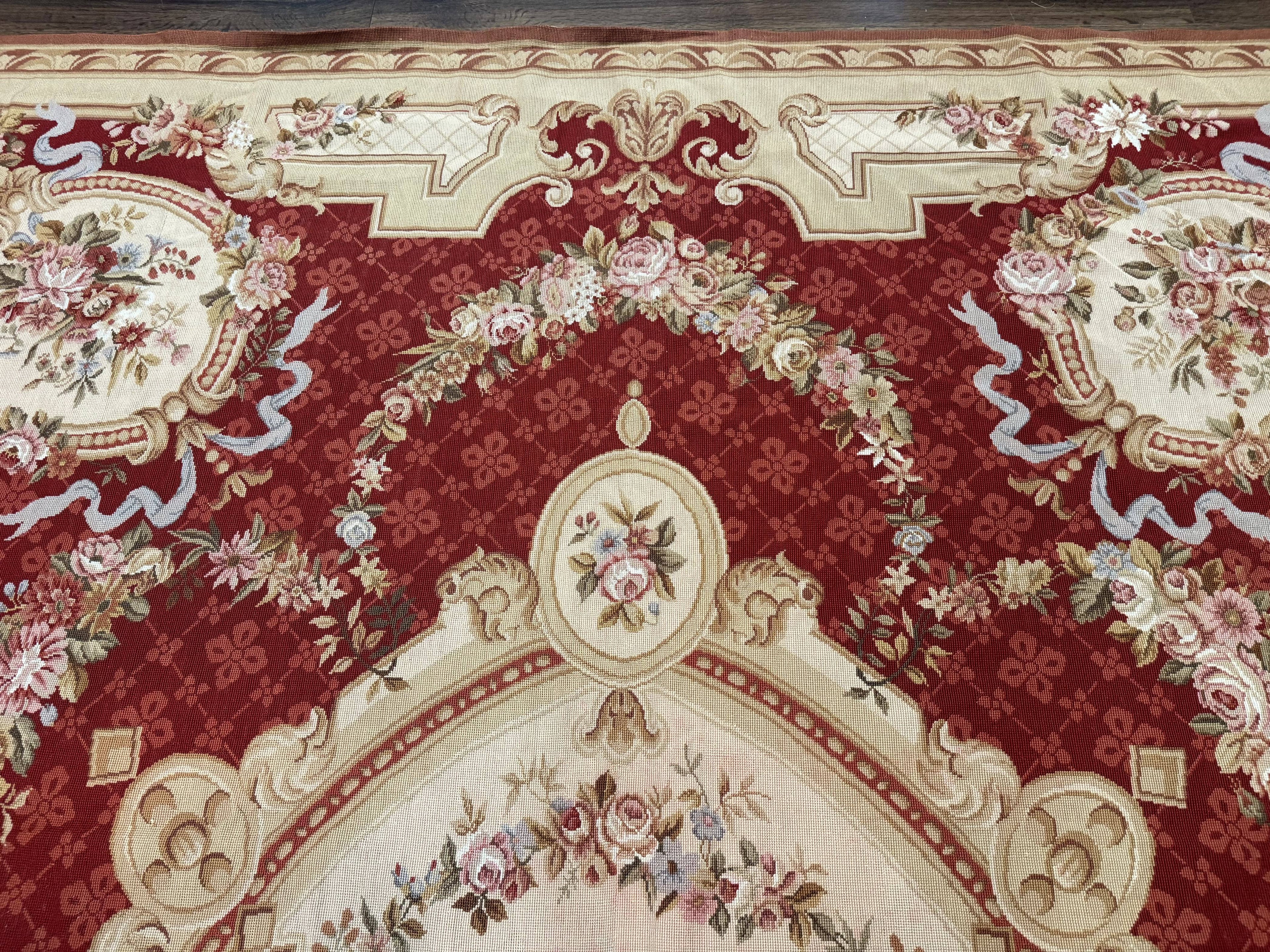 Aubusson Rug 8x11, Needlepoint Carpet, Red Ivory Beige, Vintage, French European Design