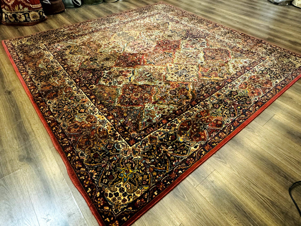 Square Karastan Multicolor Panel Kirman Rug #717, Rare Size 8.8 x 8.8, Original 700 Series, Wool