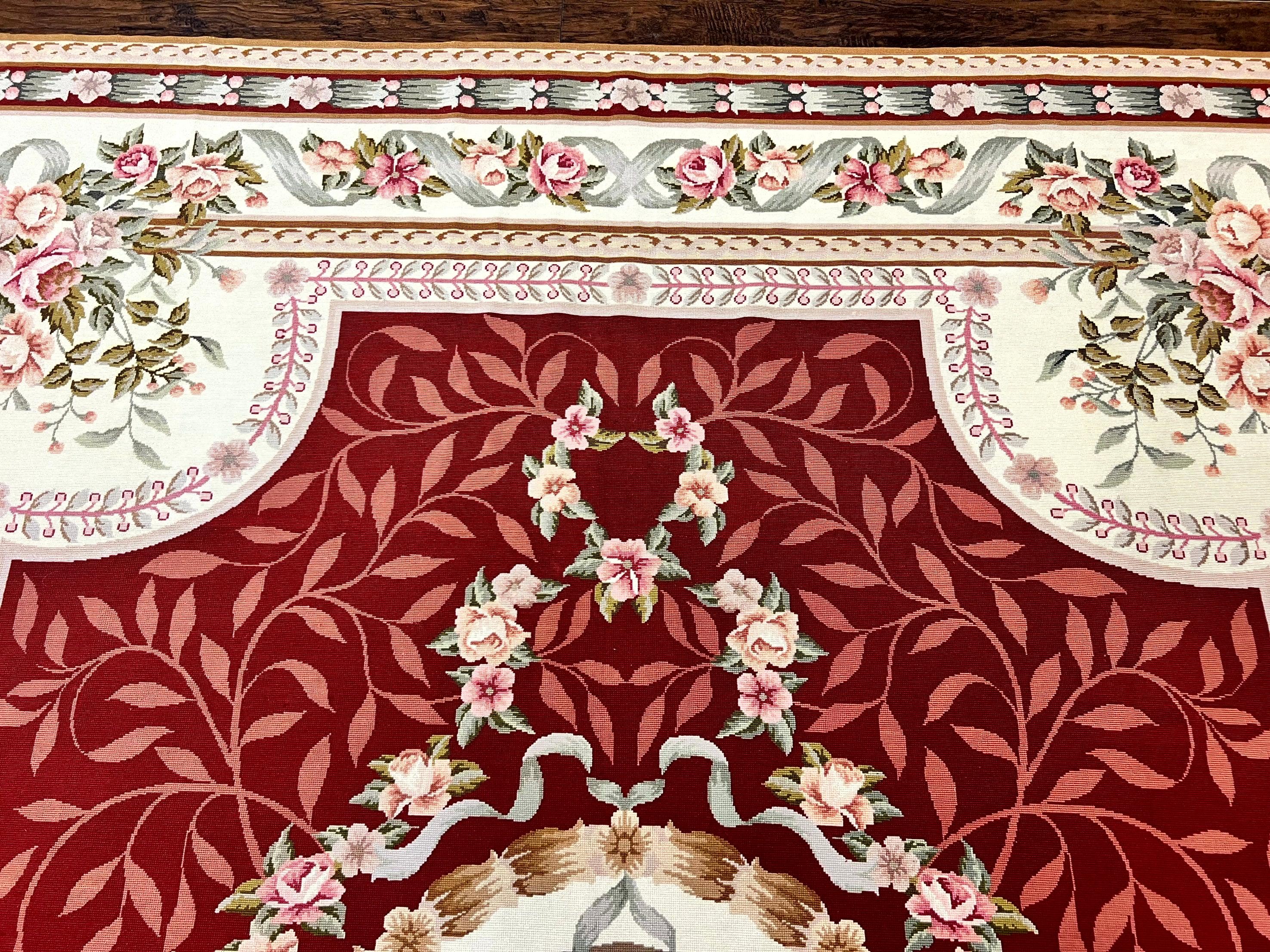 Wonderful Aubusson Rug 9x12, Handmade Vintage Needlepoint Carpet, Red and Ivory, Elegant European Design, Wool