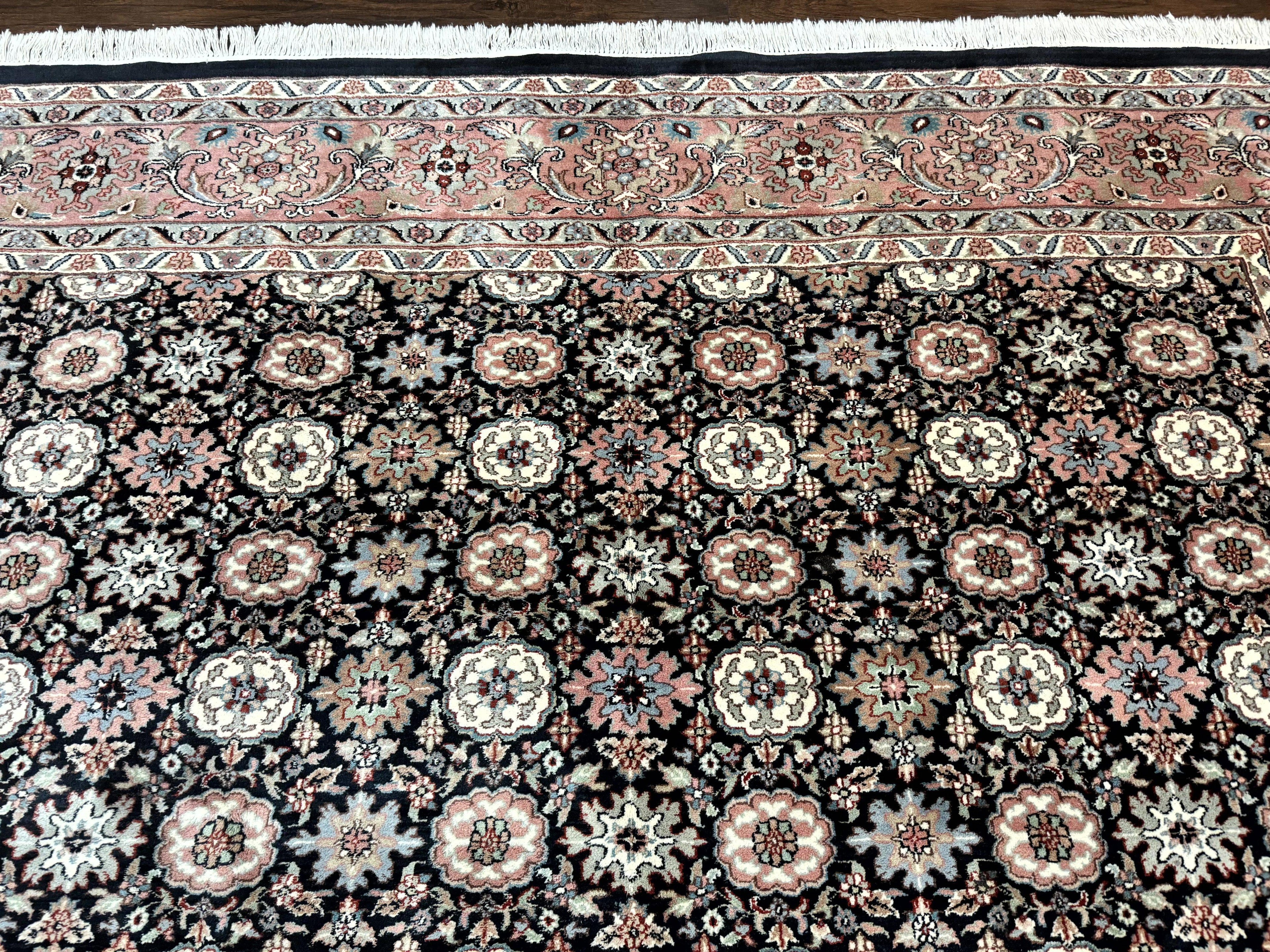 Indo Persian Rug 9x12, Vintage Handmade Wool Carpet, Repeated Allover Motif, Navy Blue and Pink